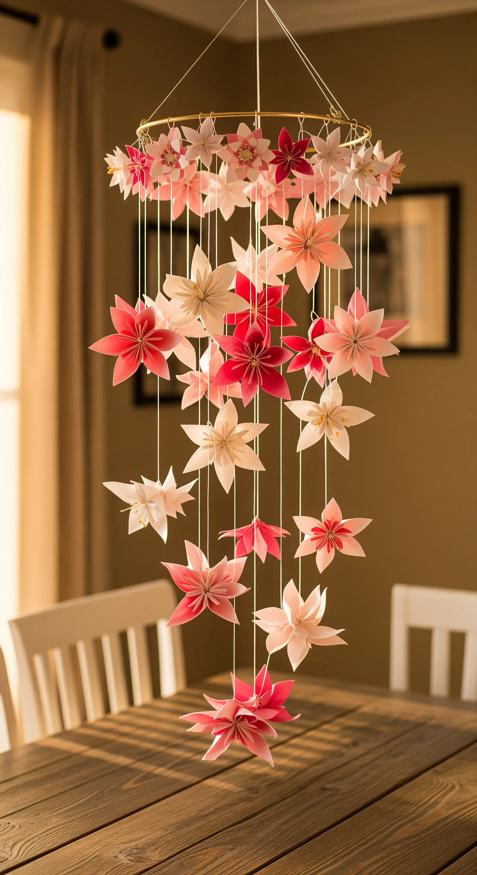 Lampadario di fiori di origami rosa e bianchi sospesi a diverse altezze.