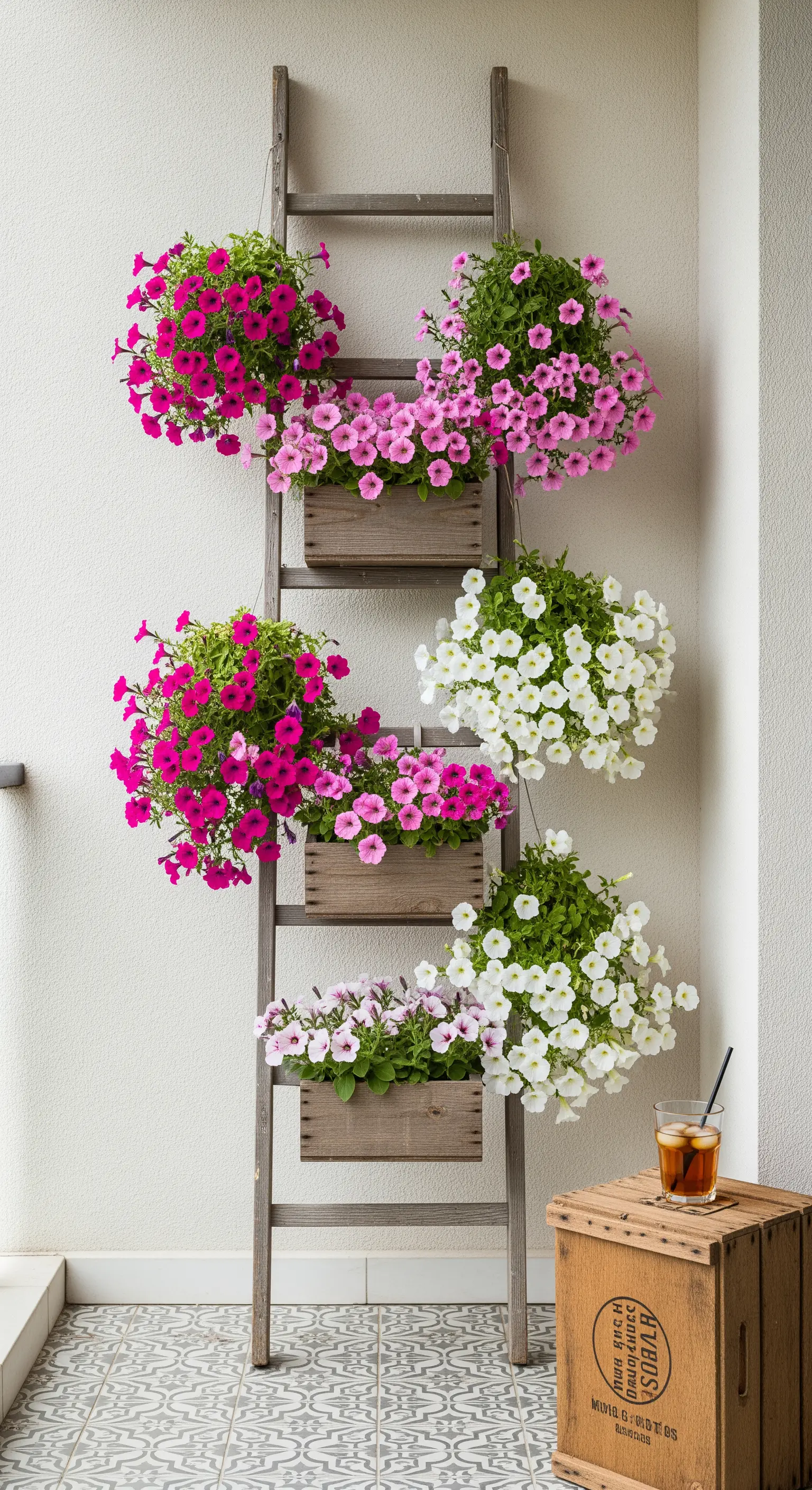 Vecchia scala in legno appoggiata a un muro, utilizzata per sorreggere cassette con fiori colorati.