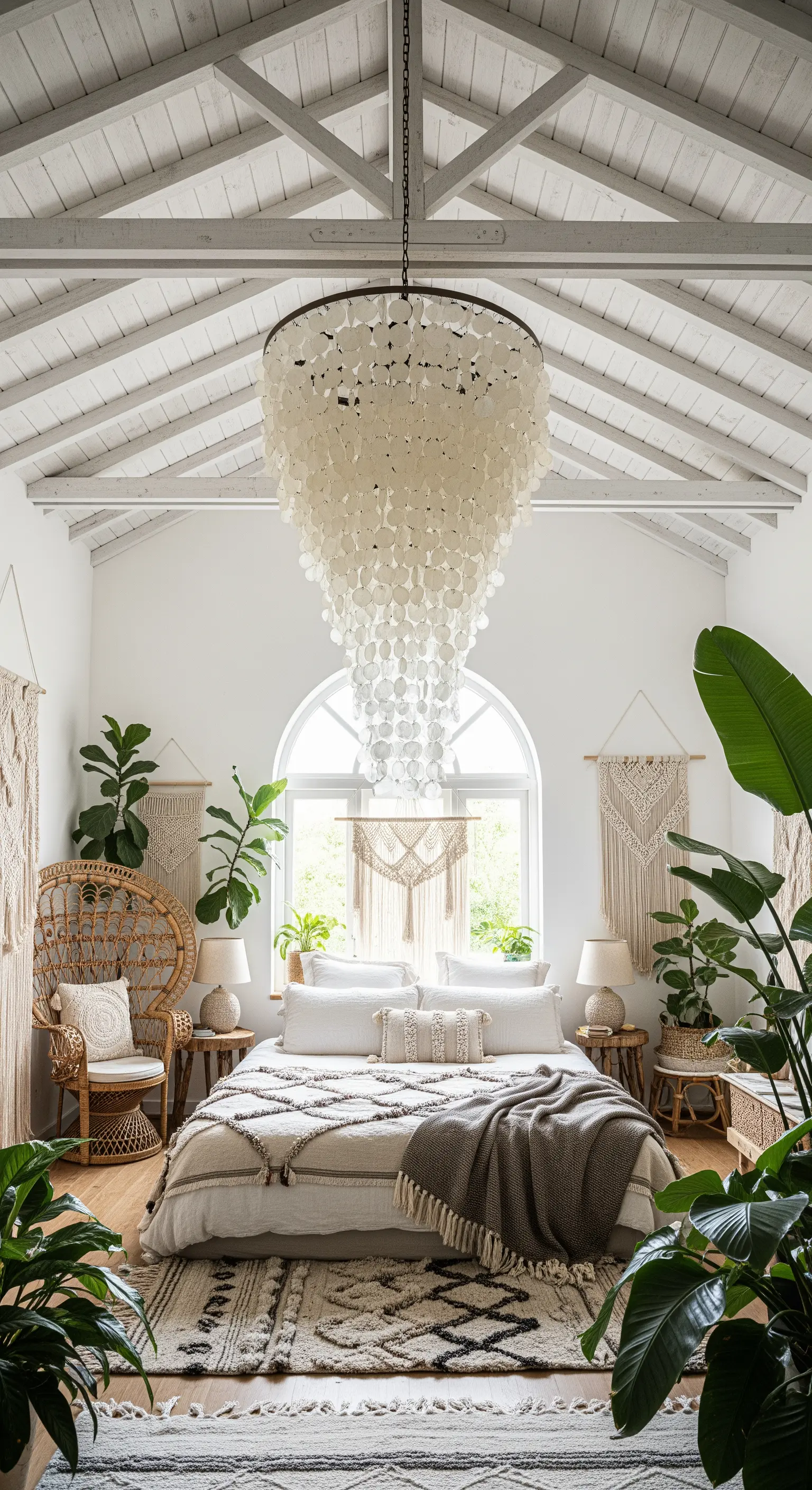 Grande lampadario a cascata in conchiglie in una camera da letto boho-chic con piante e tessuti naturali.