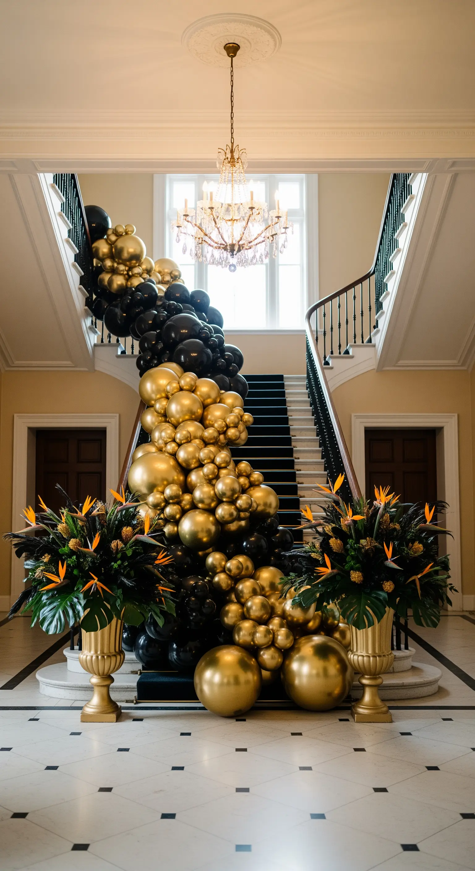 Scalinata maestosa decorata con una cascata di palloncini neri e oro e fiori esotici.