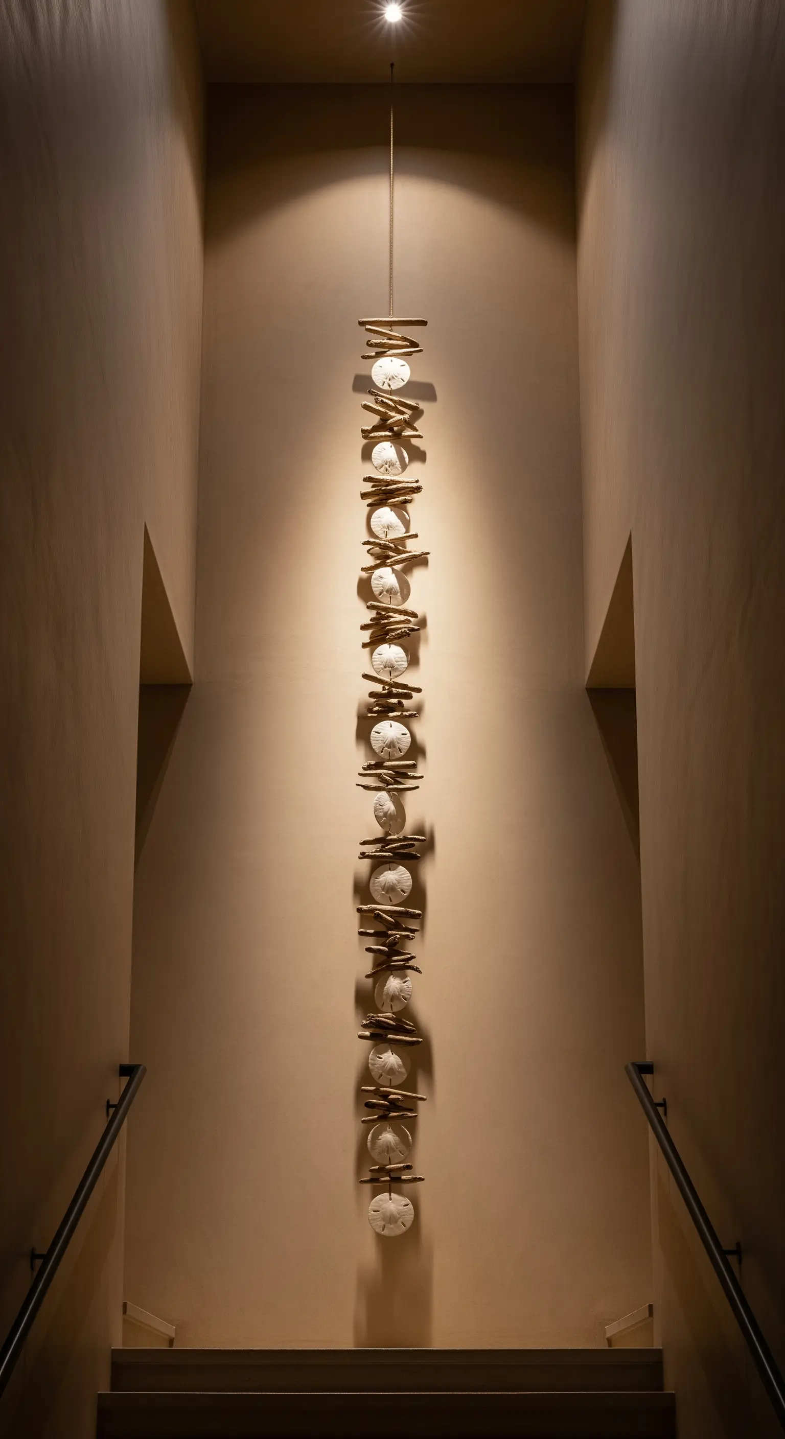 Lunga decorazione sospesa verticale con legnetti e dollari di sabbia in una scala.