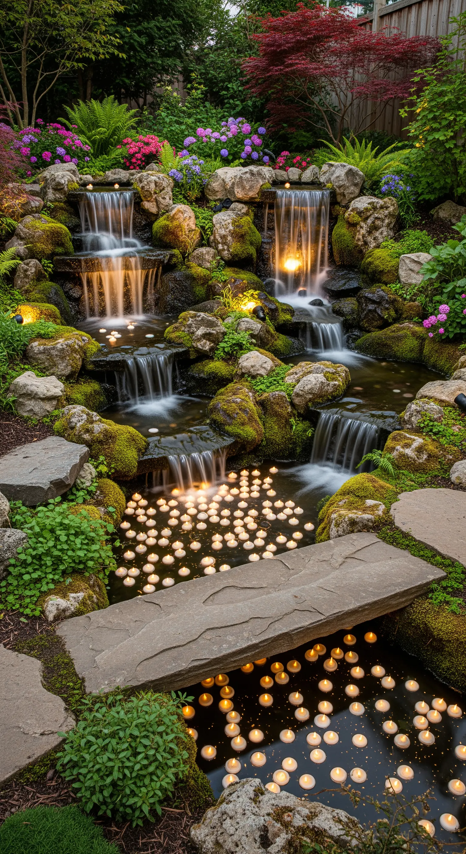 Cascata a più livelli in un giardino roccioso con centinaia di piccole candele galleggianti.