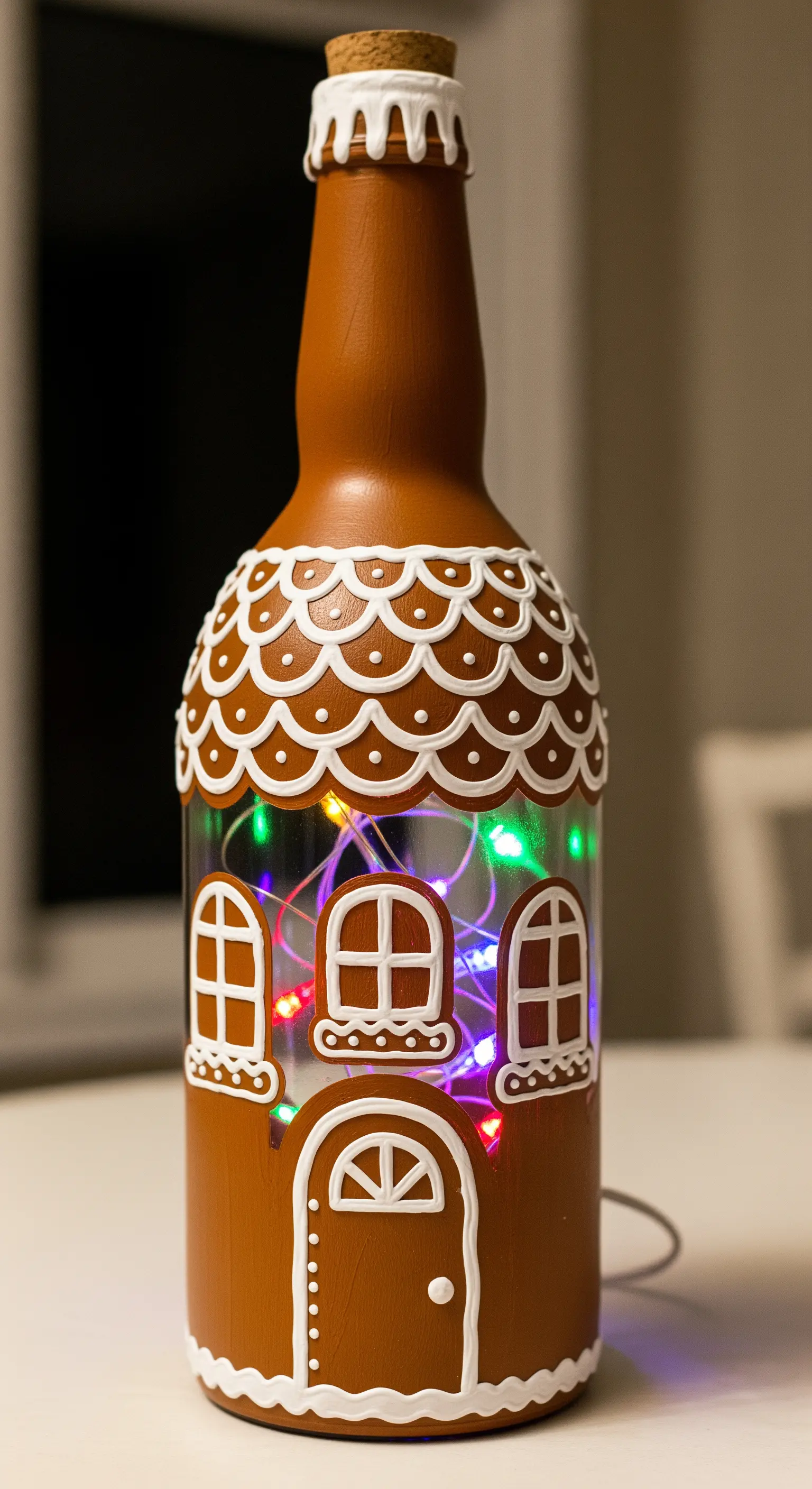Bottiglia decorata per sembrare una casa di pan di zenzero, con lucine colorate all'interno.