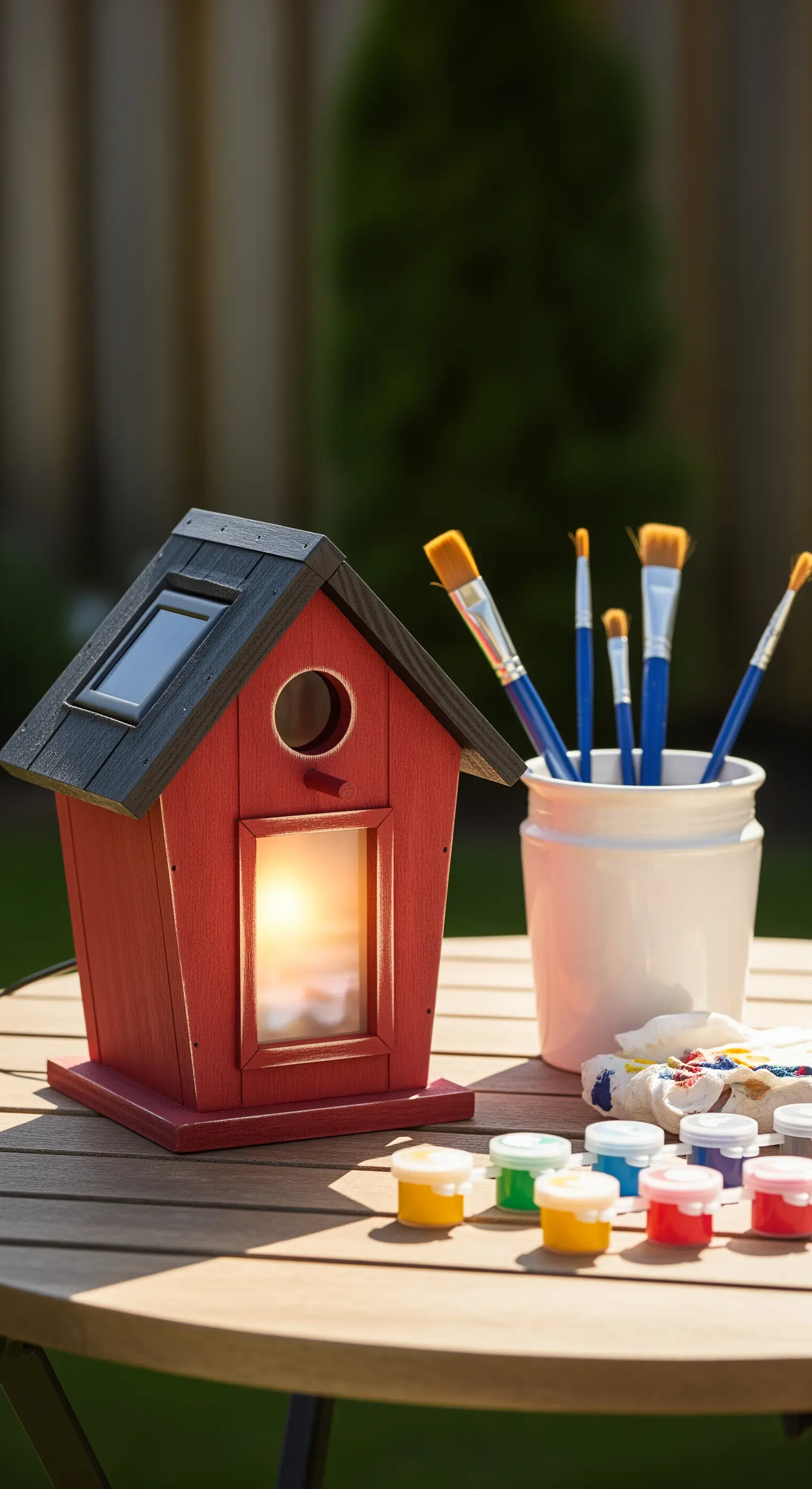 Casetta per uccelli in legno dipinta di rosso con una luce solare che brilla dall'interno.