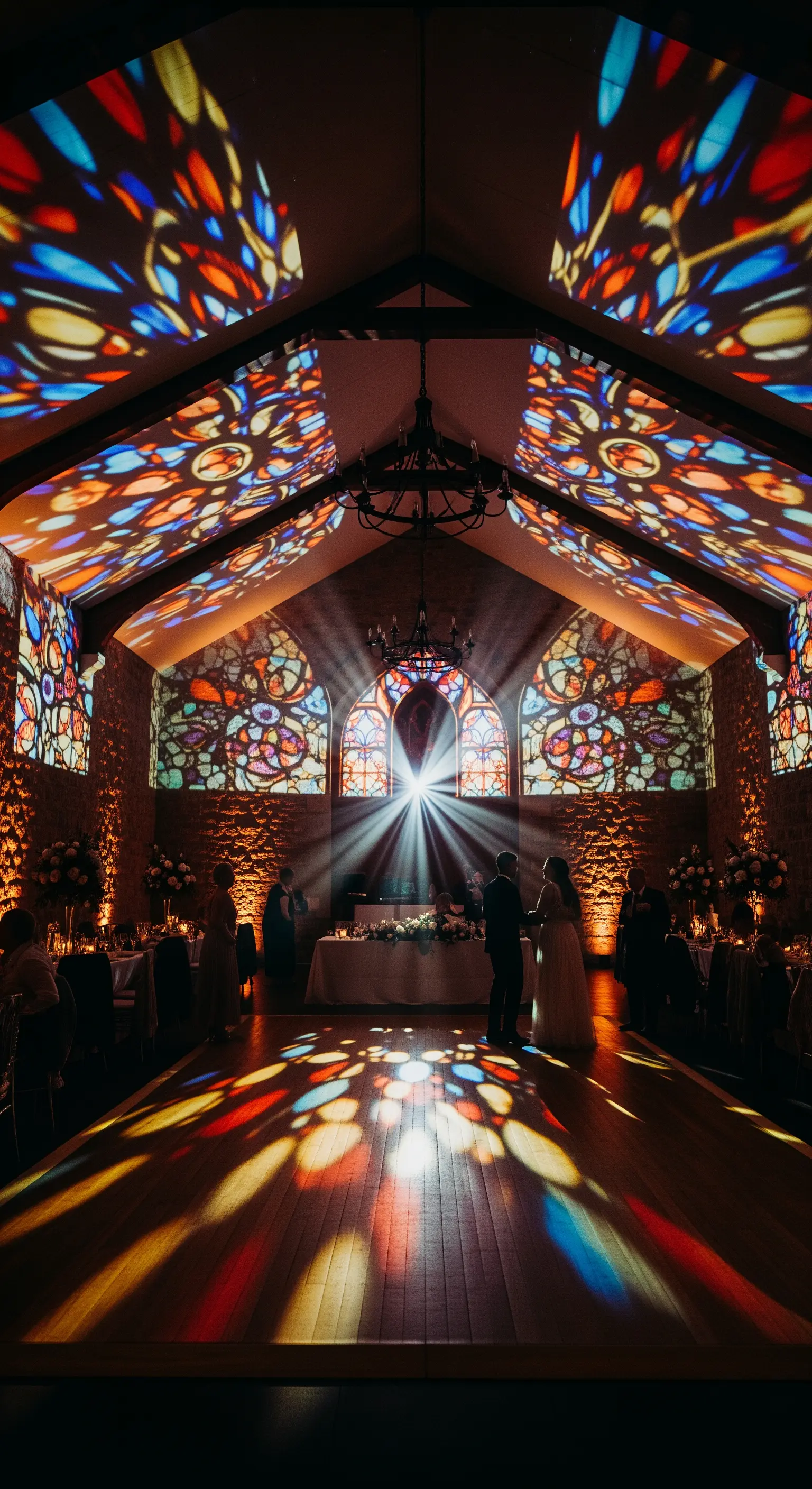 Sala ricevimenti buia con proiezioni di luce colorata che imitano le vetrate di una cattedrale.