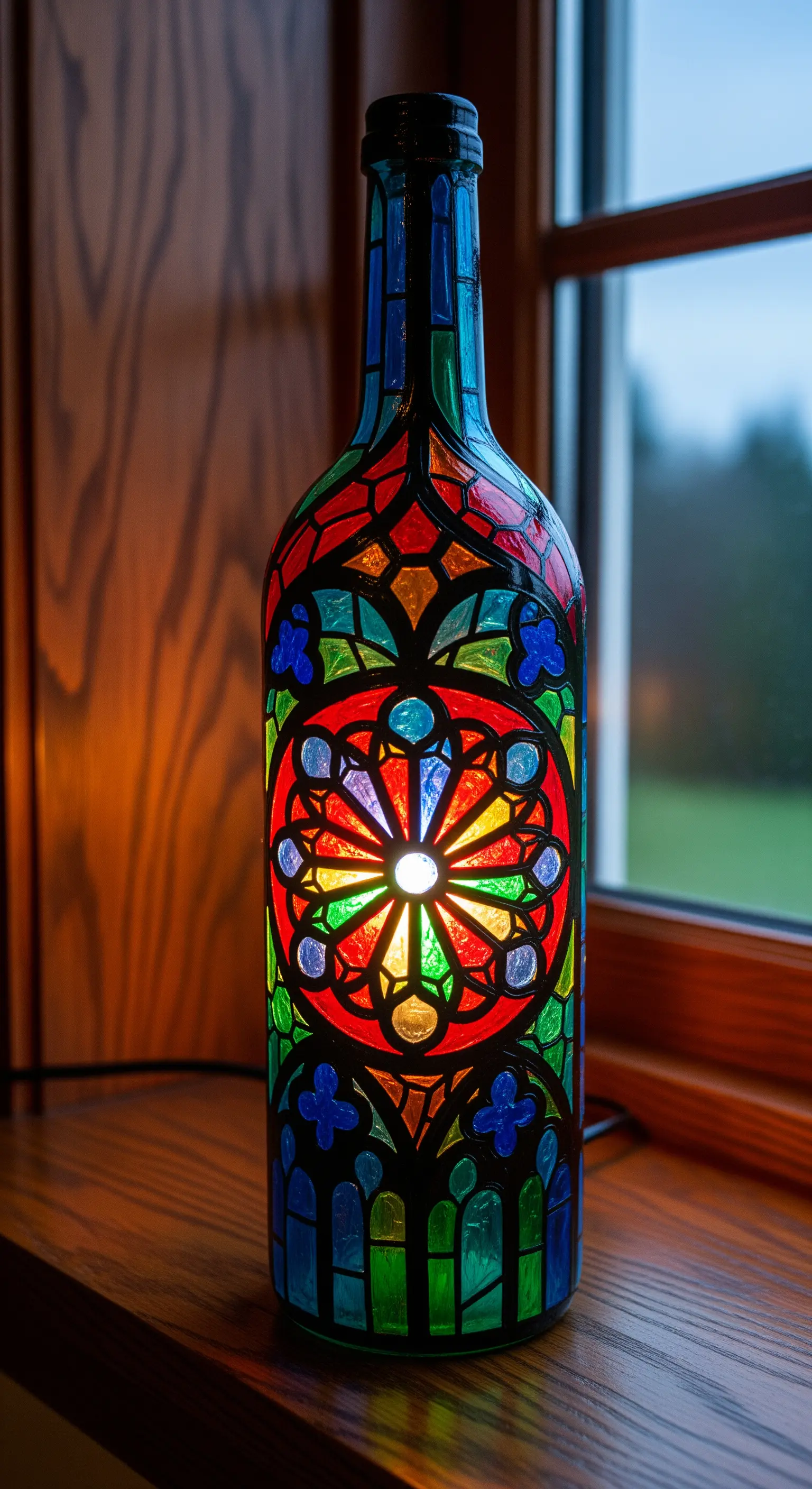 Bottiglia di vino dipinta a mano per assomigliare a una vetrata colorata di una cattedrale.