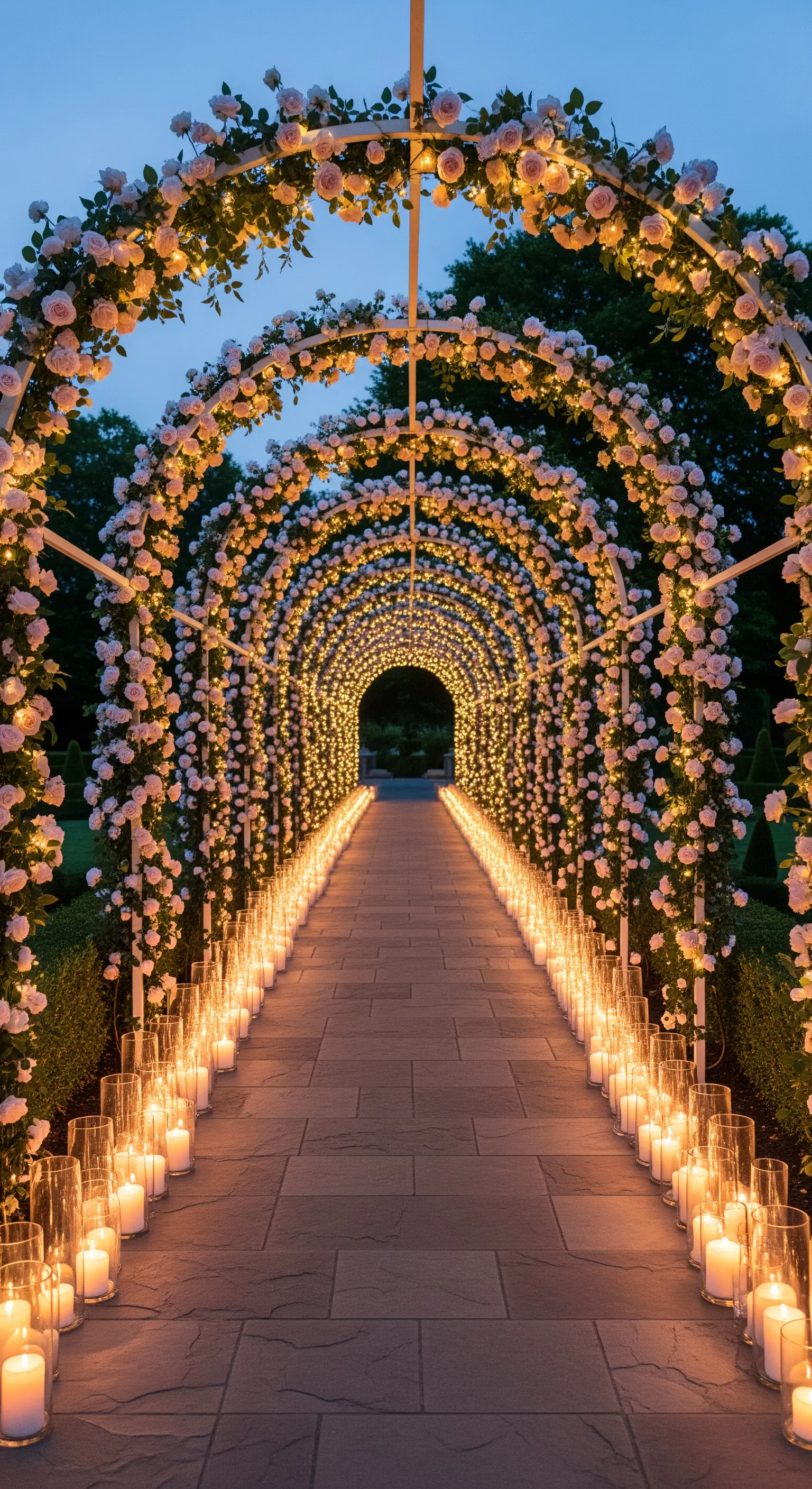 Lungo tunnel prospettico di archi bianchi coperti di rose e luci, con un sentiero di candele.