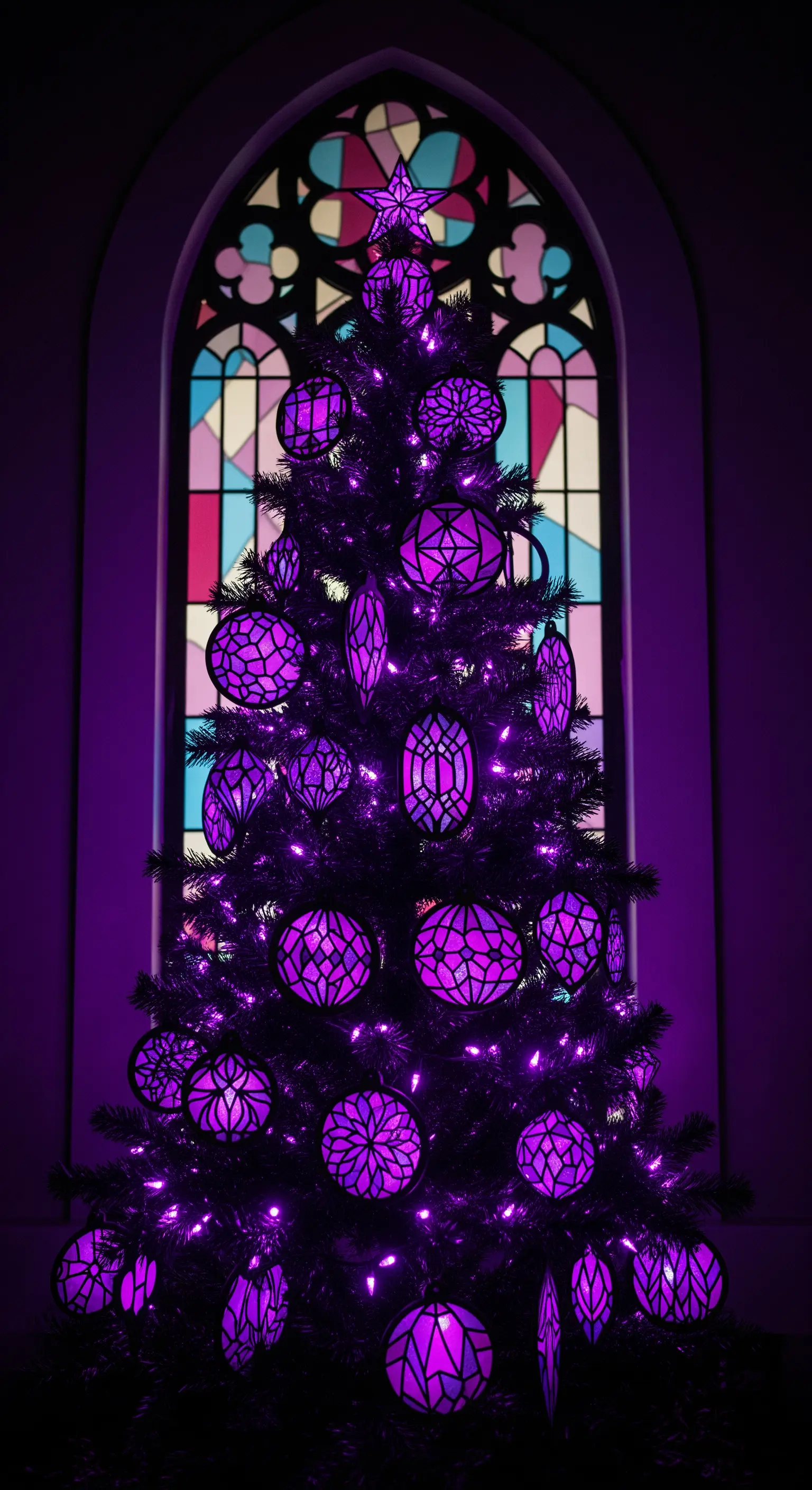 Albero di Natale nero con decorazioni viola effetto vetrata che brillano al buio.