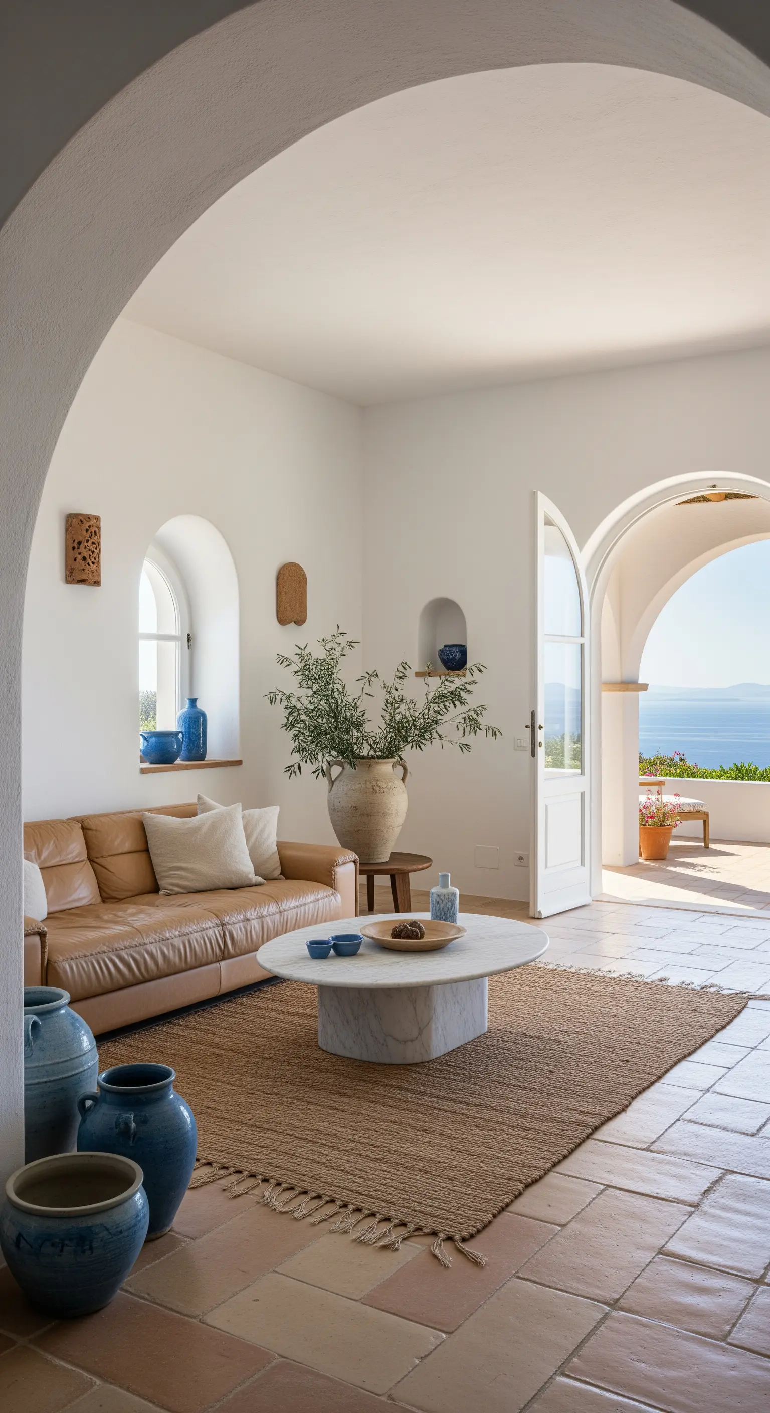 Interno mediterraneo con pareti bianche, pavimento in cotto e divano in pelle chiara.