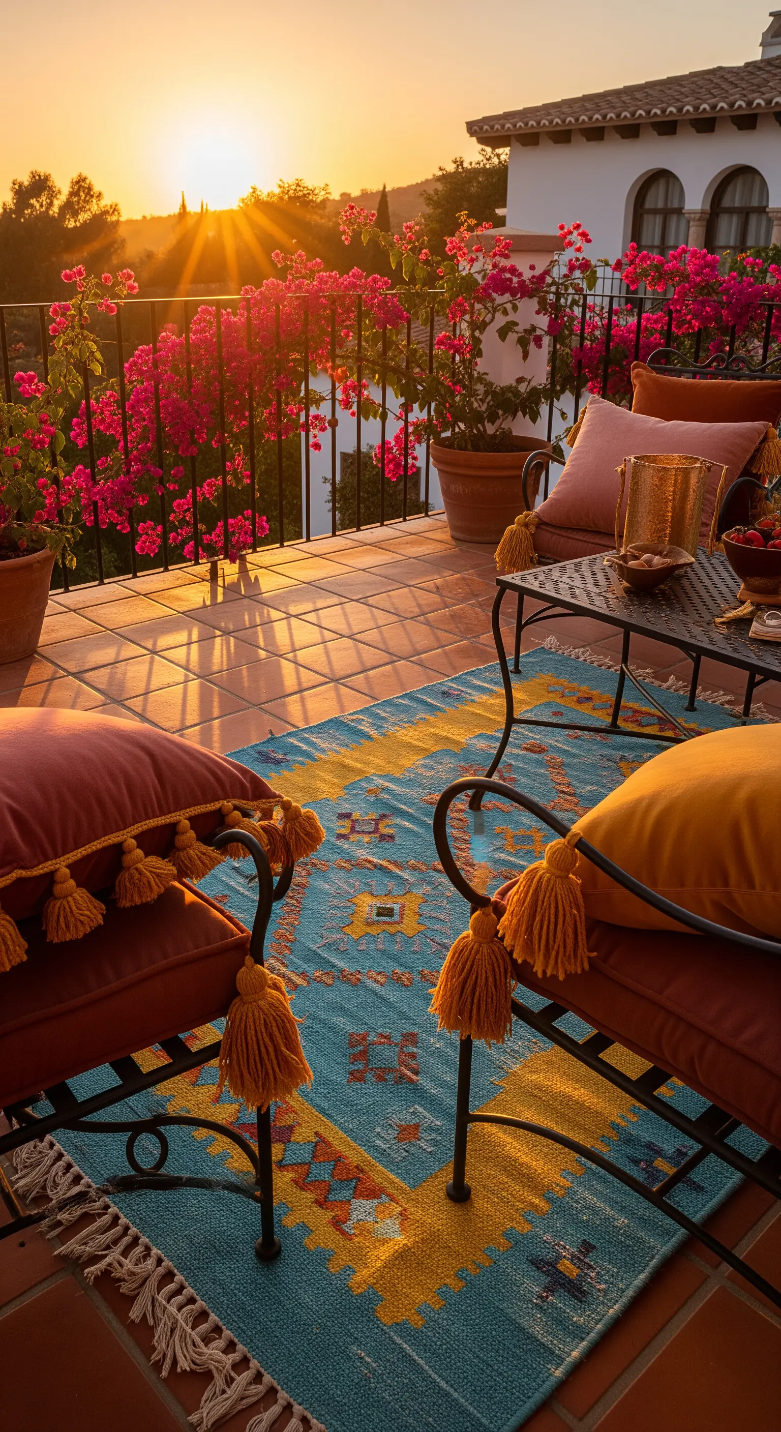 Balcone al tramonto con arredi in ferro battuto, cuscini caldi e fiori di bouganville.
