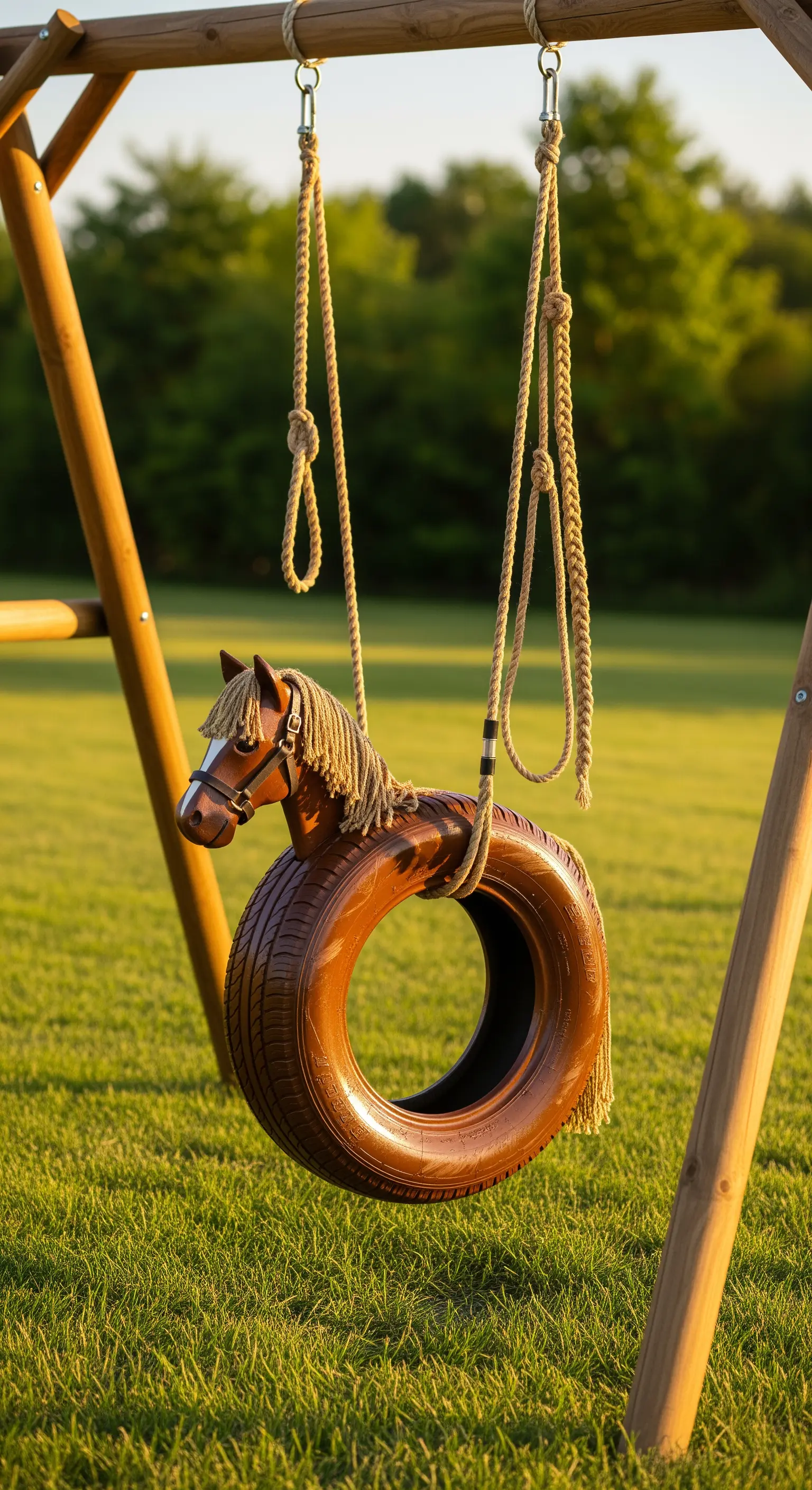 Altalena a forma di cavallo, con un pneumatico marrone e una testa di legno intagliata.