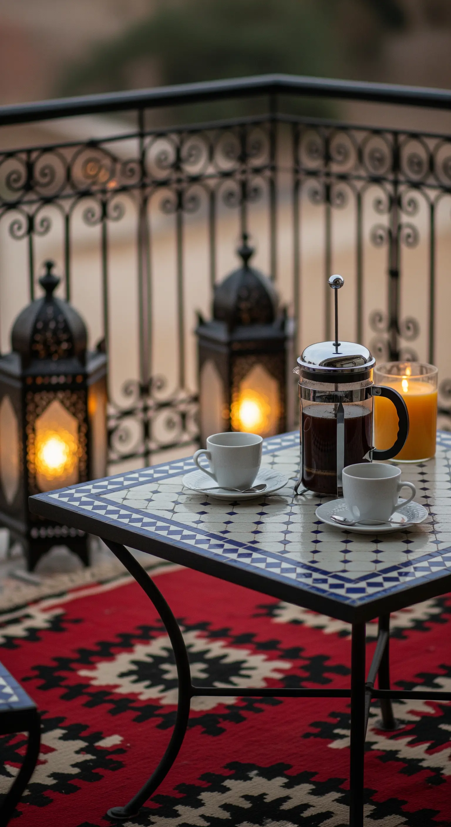 Primo piano di un tavolino a mosaico con caffè, su un tappeto kilim rosso e nero.