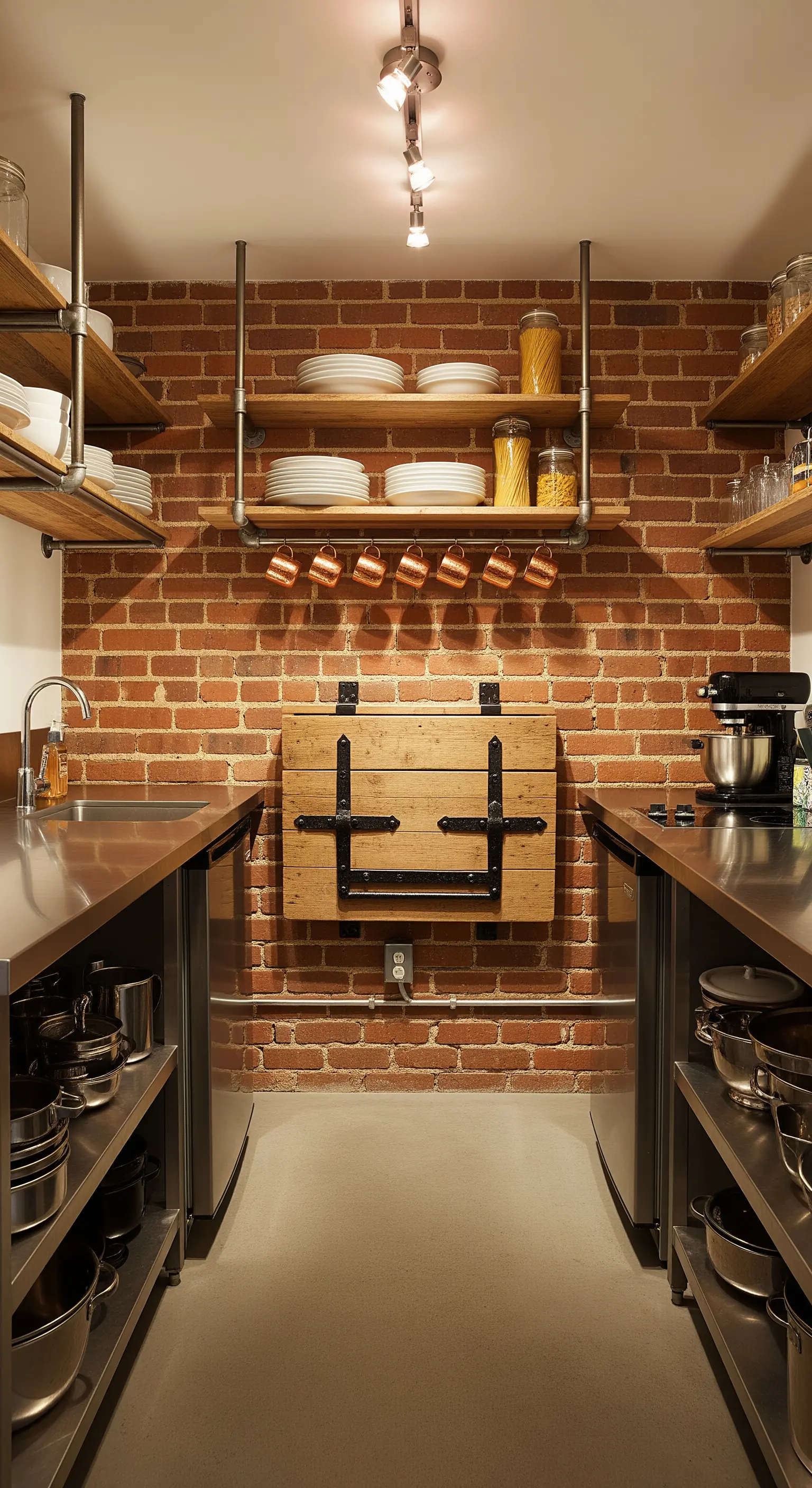 Cucina industriale con mattoni a vista, mensole su tubi e tavolo pieghevole in legno grezzo.