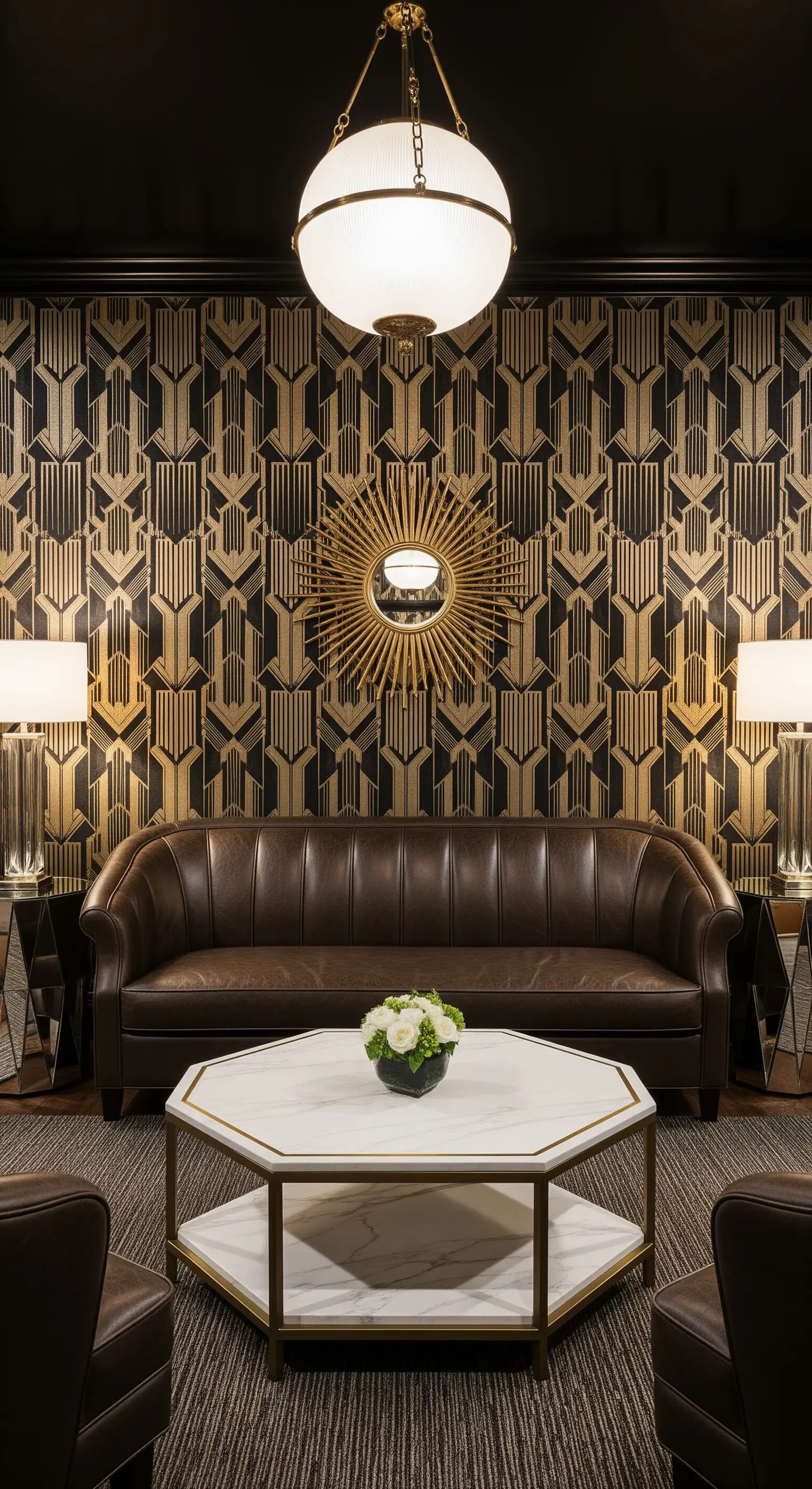 Salotto in stile Art Déco con carta da parati geometrica e divano in pelle scura.