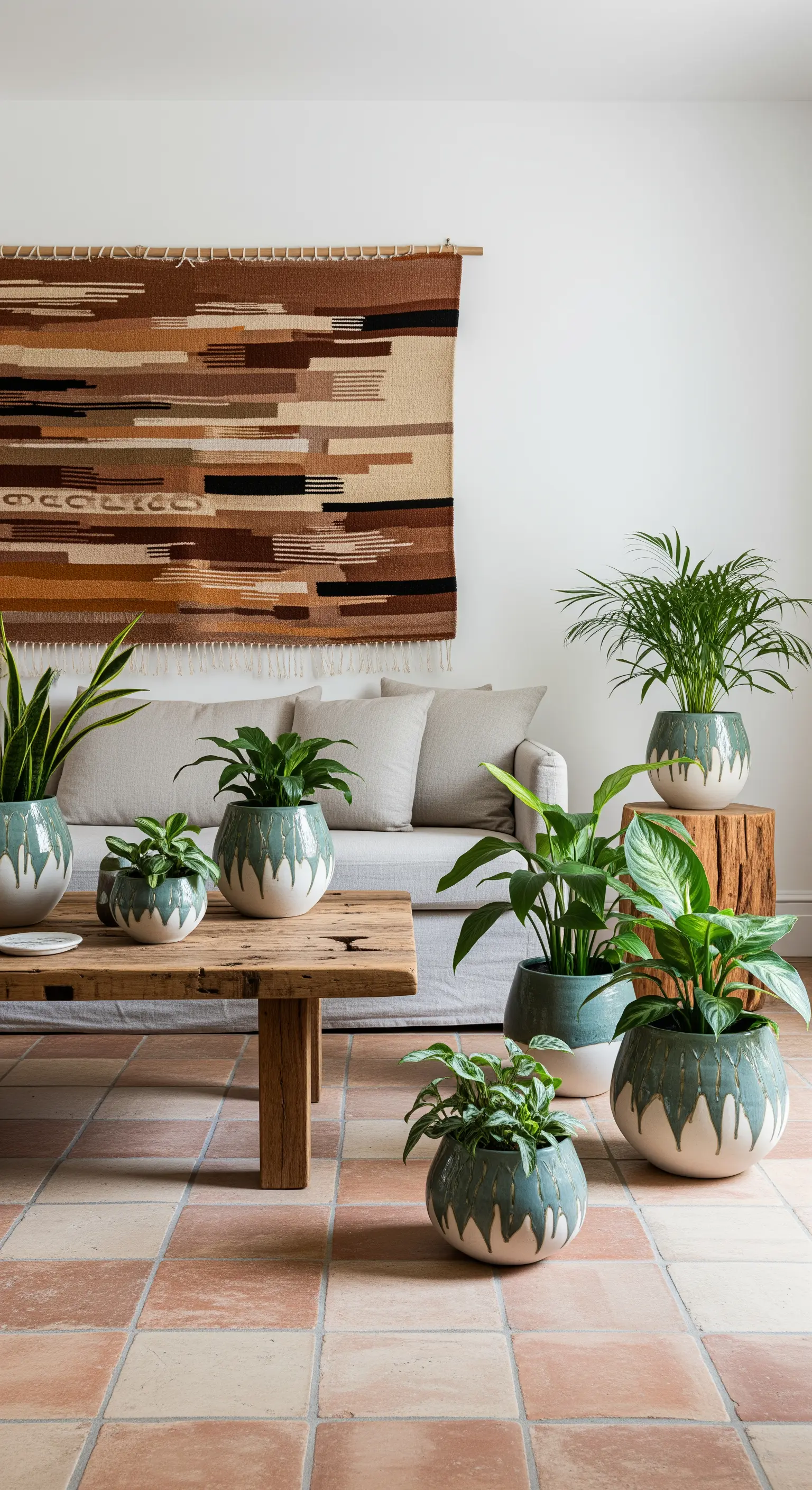 Soggiorno con pavimento in cotto, arazzo etnico e una collezione di piante in vasi artigianali