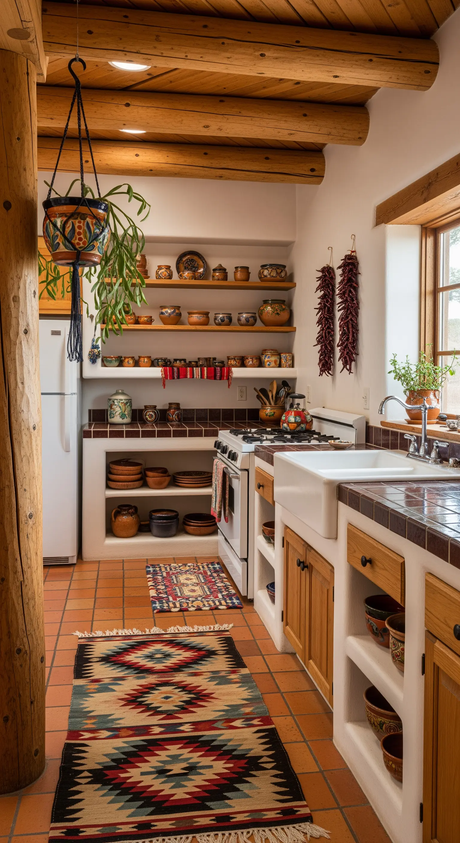 Cucina rustica in stile sud-occidentale con nicchie in muratura, travi a vista e tappeto kilim.