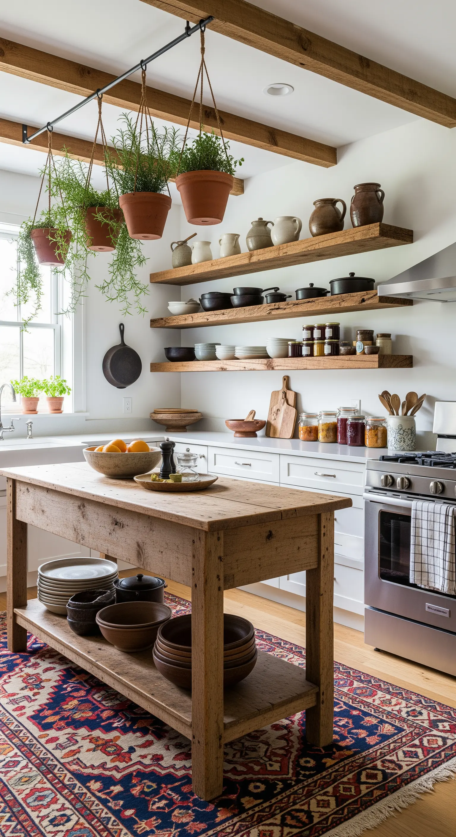 Cucina rustica con isola e mensole in legno grezzo, piante aromatiche sospese e tappeto etnico.