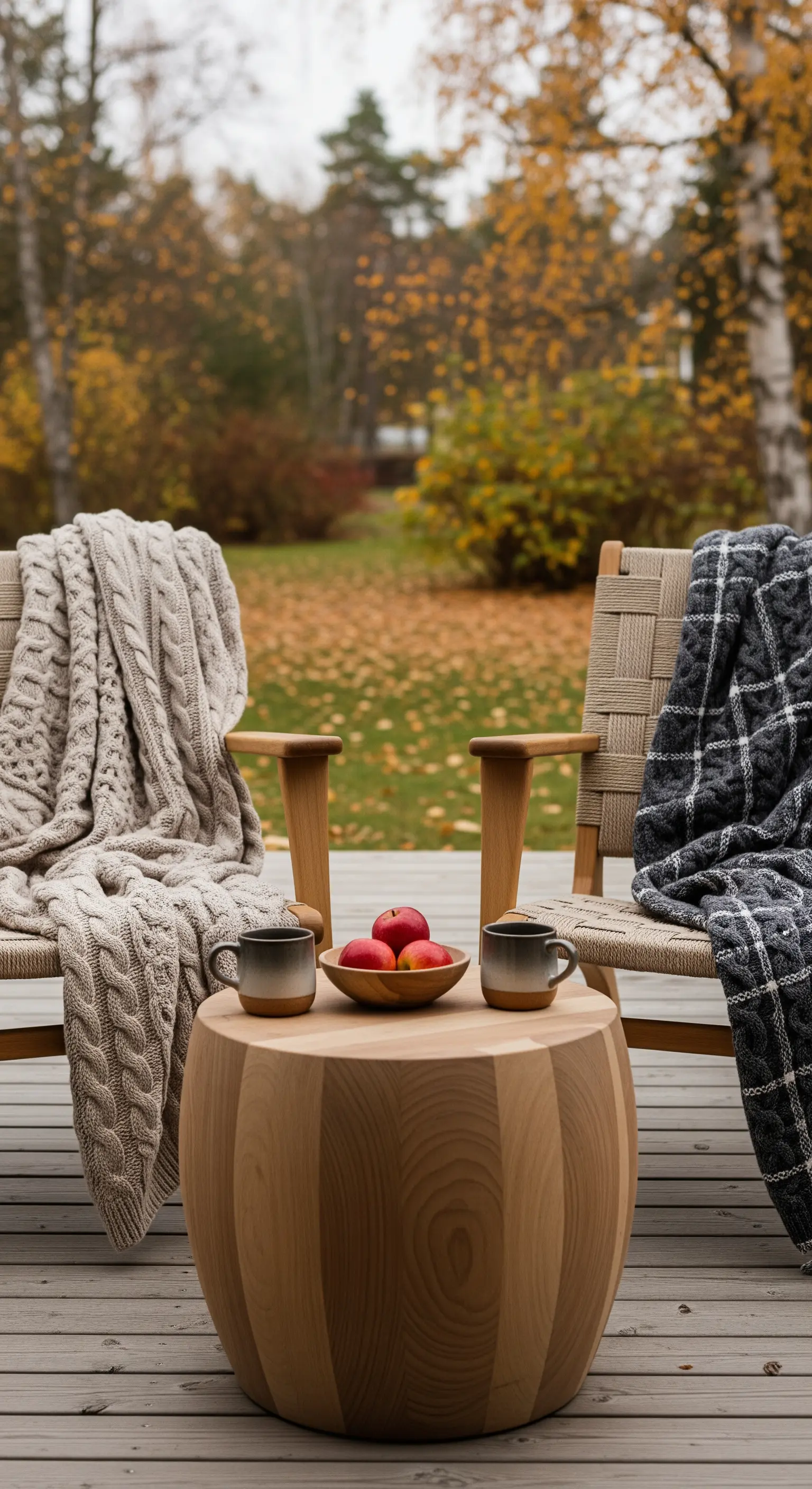 Sedie in legno con plaid a trecce e a quadri su una terrazza con sfondo autunnale