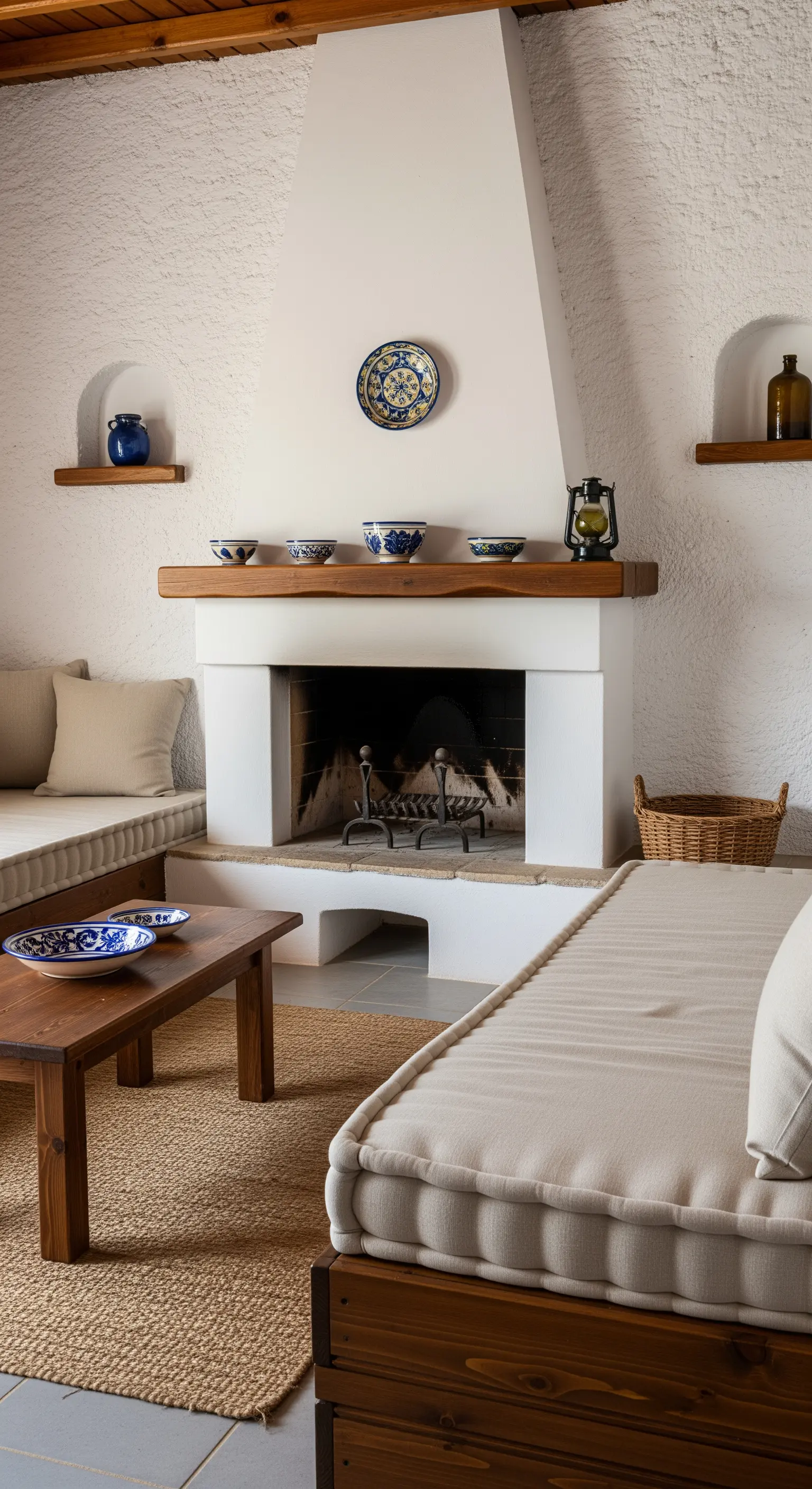 Soggiorno rustico con sedute in muratura, camino bianco e nicchie con ceramiche.