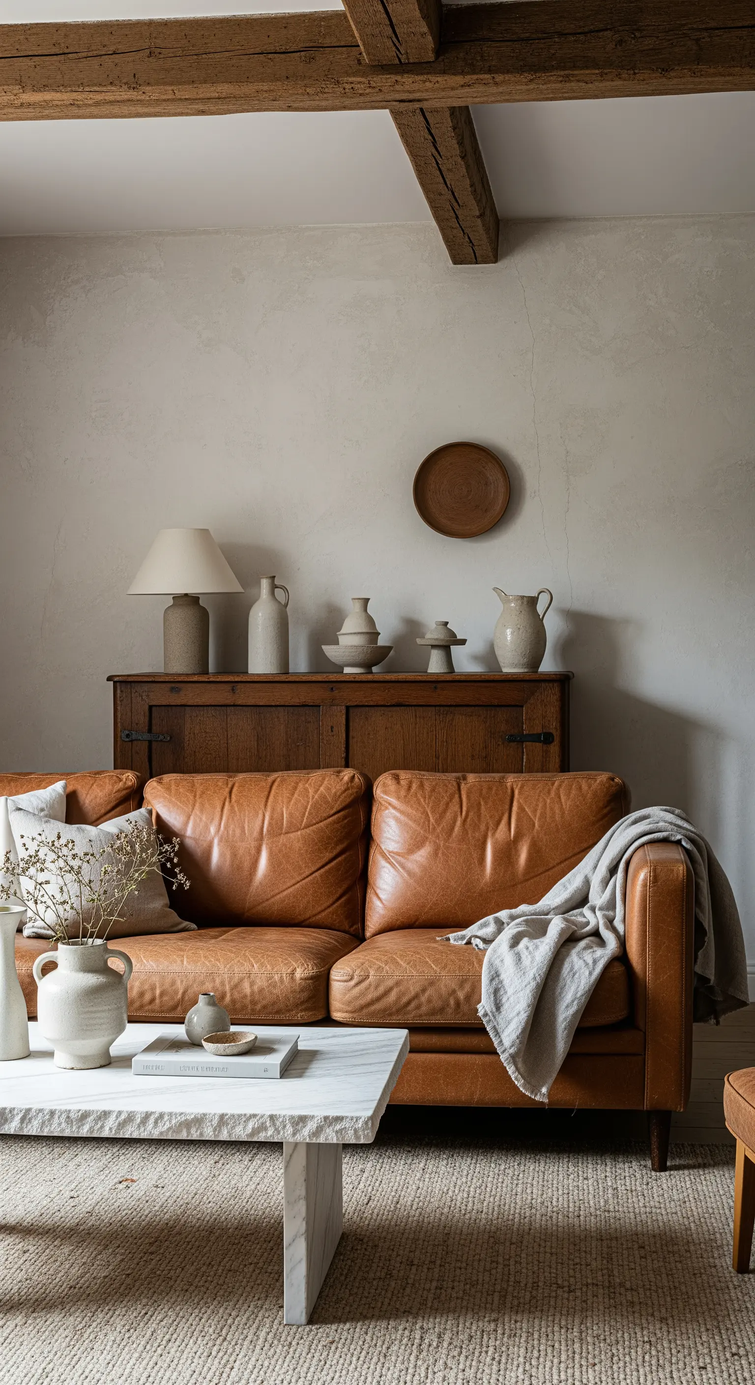 Salotto rustico wabi-sabi con divano in pelle vissuta e ceramiche artigianali.