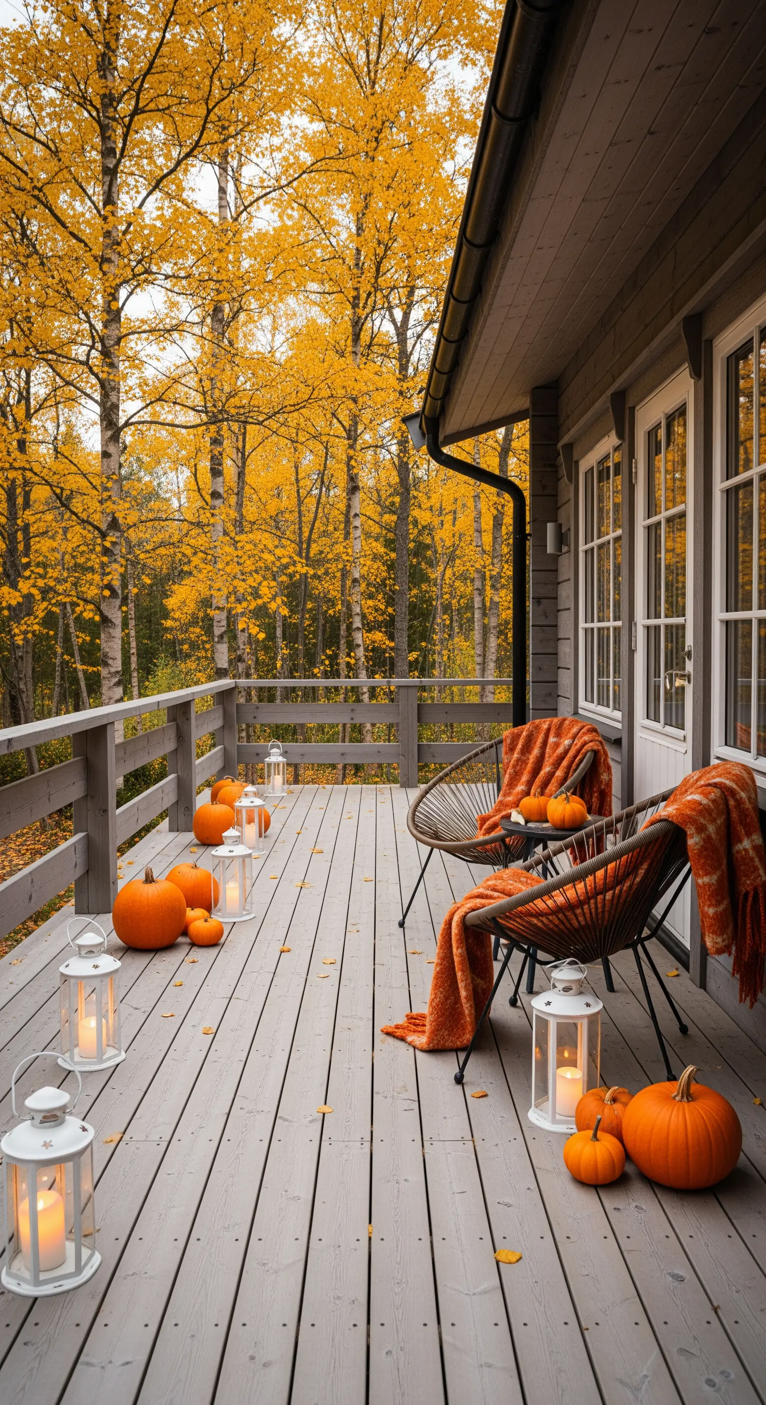 Veranda in legno grigio con sedie, plaid arancioni, zucche e lanterne bianche