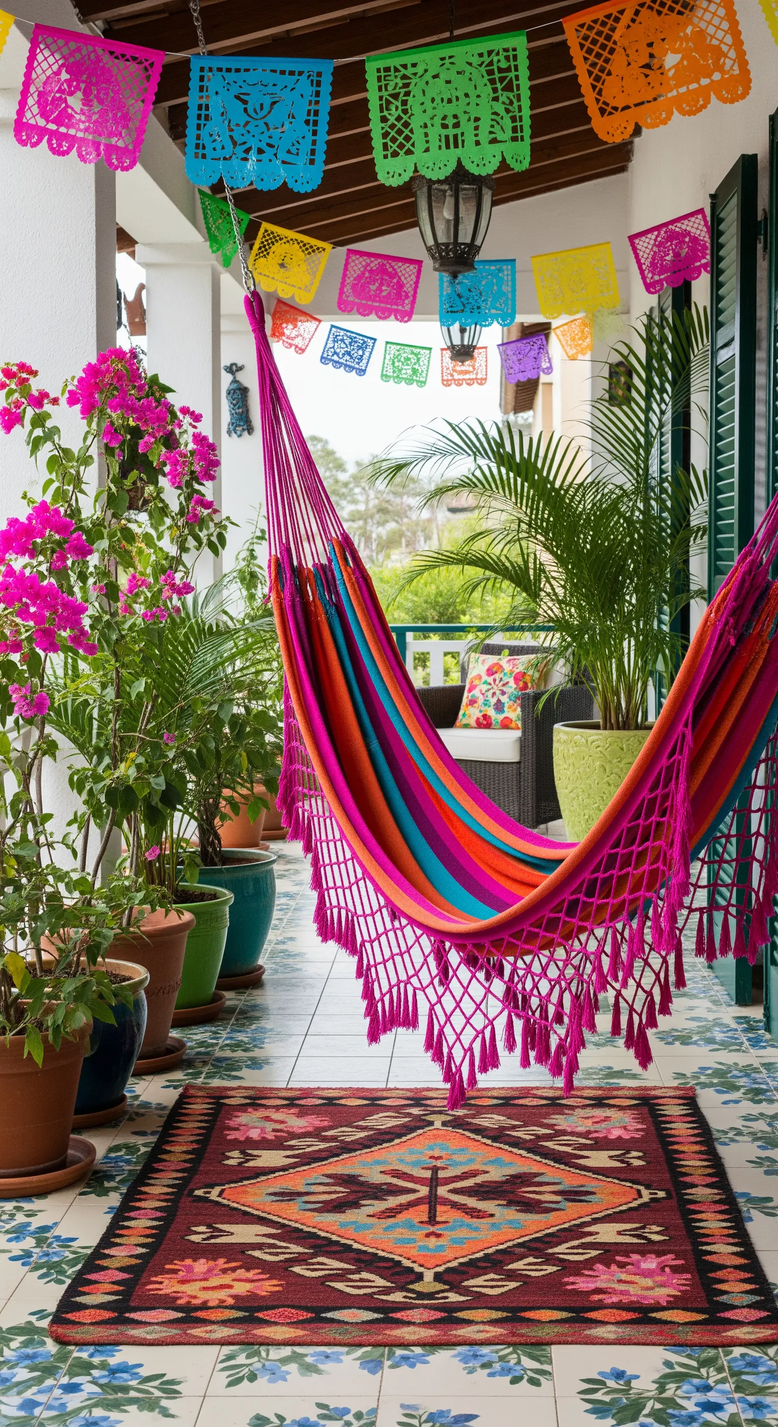 Veranda festosa con amaca multicolore, bouganville e ghirlande di papel picado.