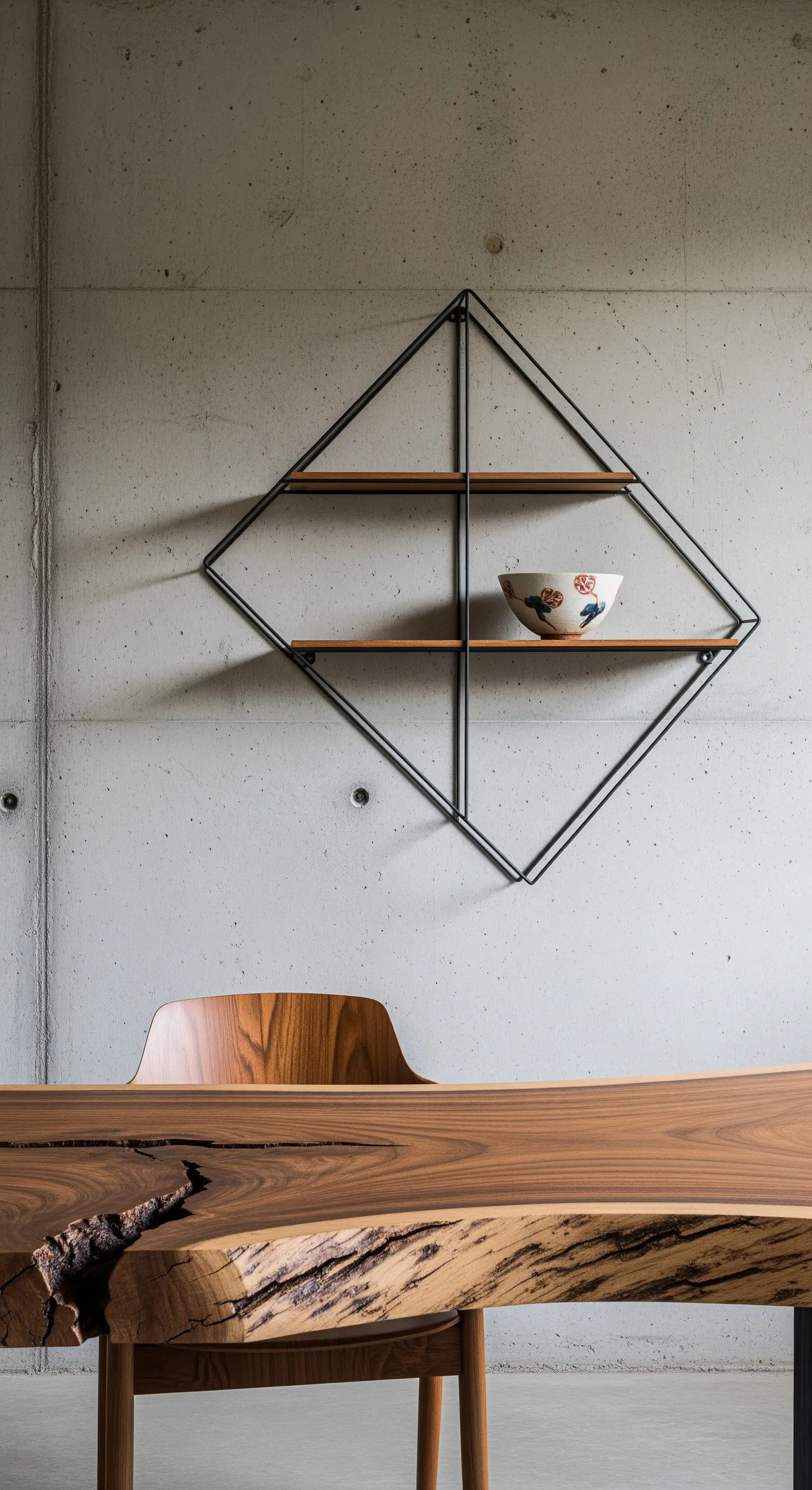 Dettaglio di un tavolo in legno massello con una crepa naturale e mensola a rombo sulla parete.