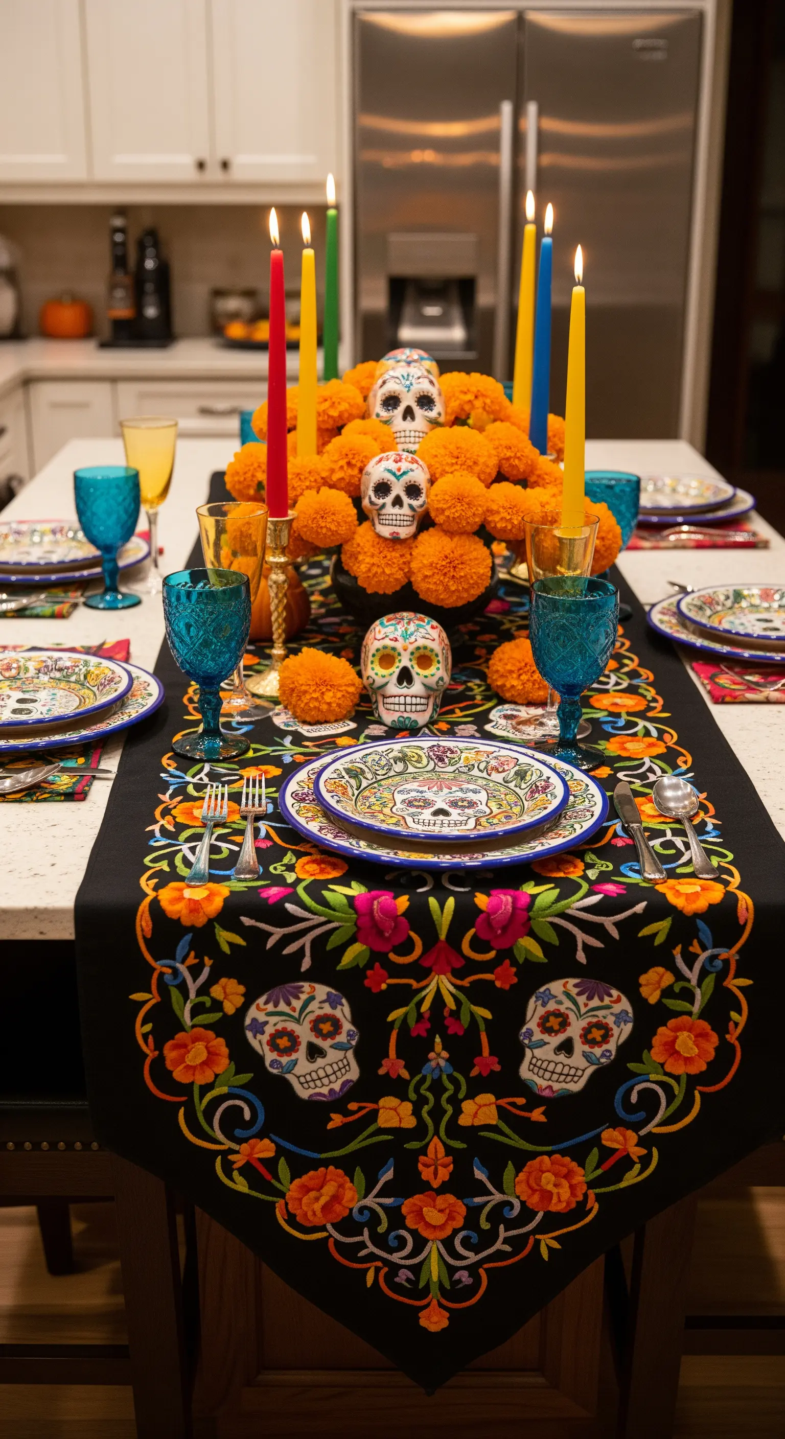 Tavola apparecchiata per il Giorno dei Morti con teschi di zucchero, fiori arancioni e piatti colorati.