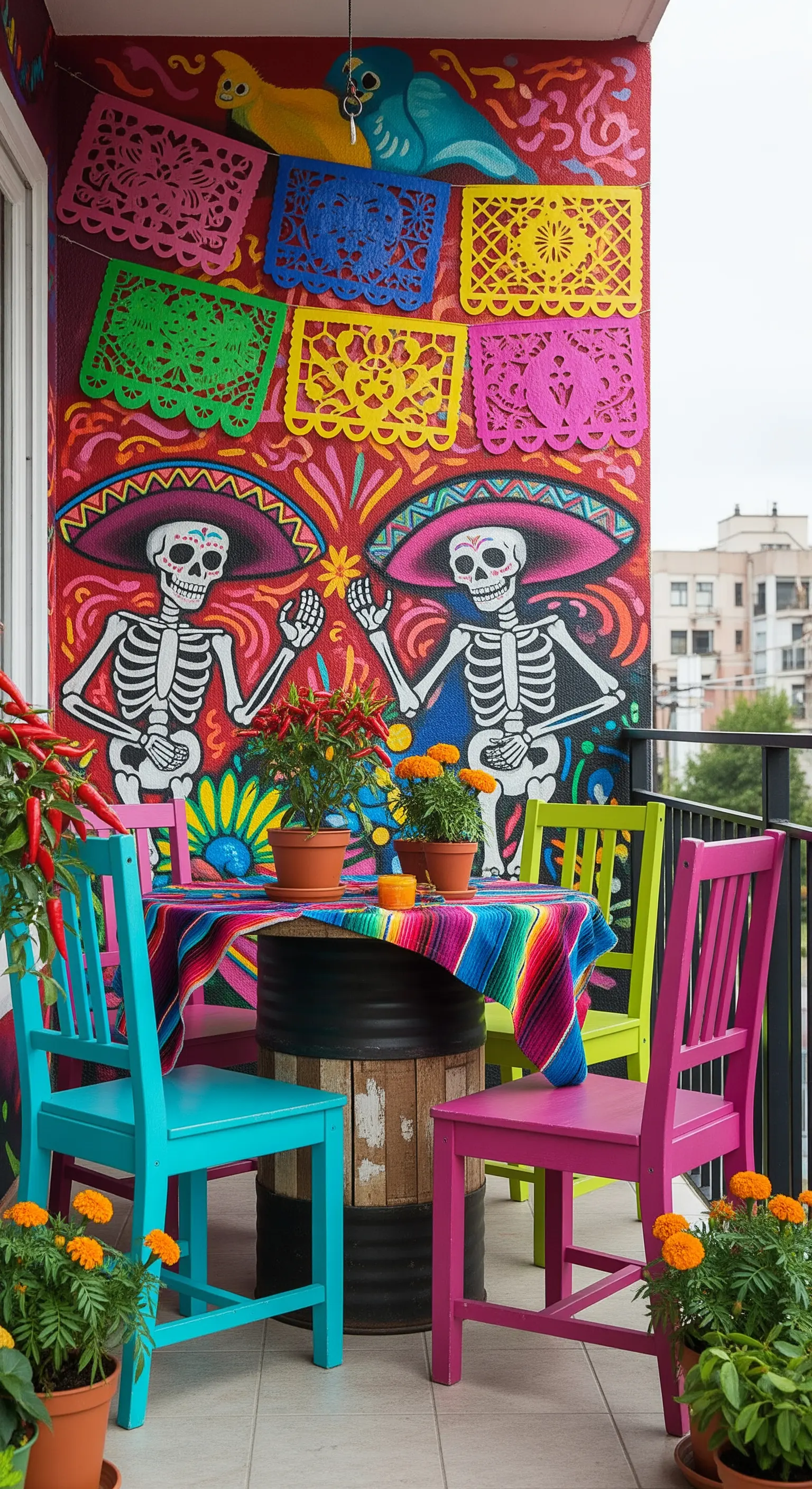 Balcone a tema messicano con murale del