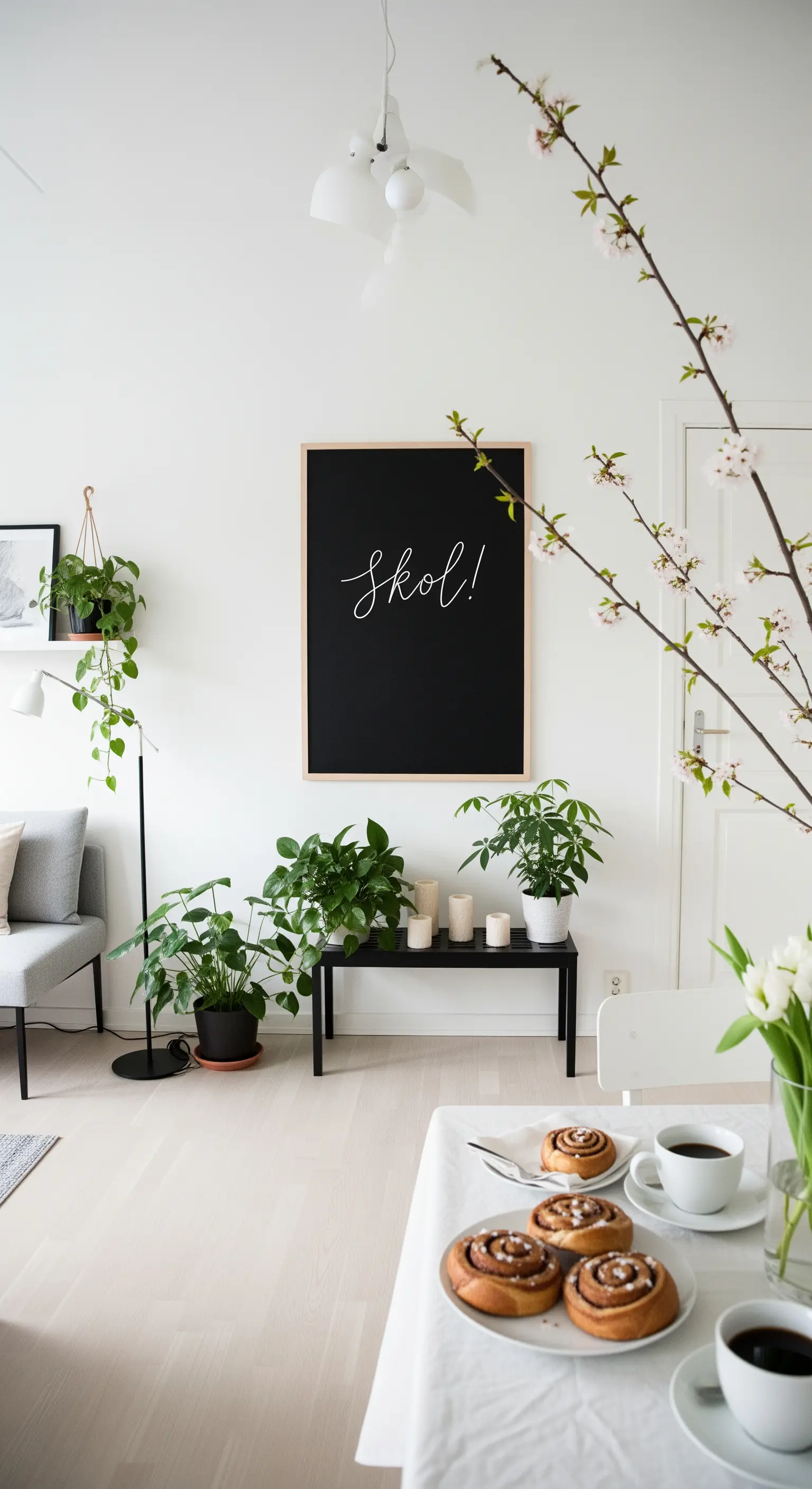 Ambiente minimalista con lavagna calligrafica, piante e dolci su un tavolo bianco.
