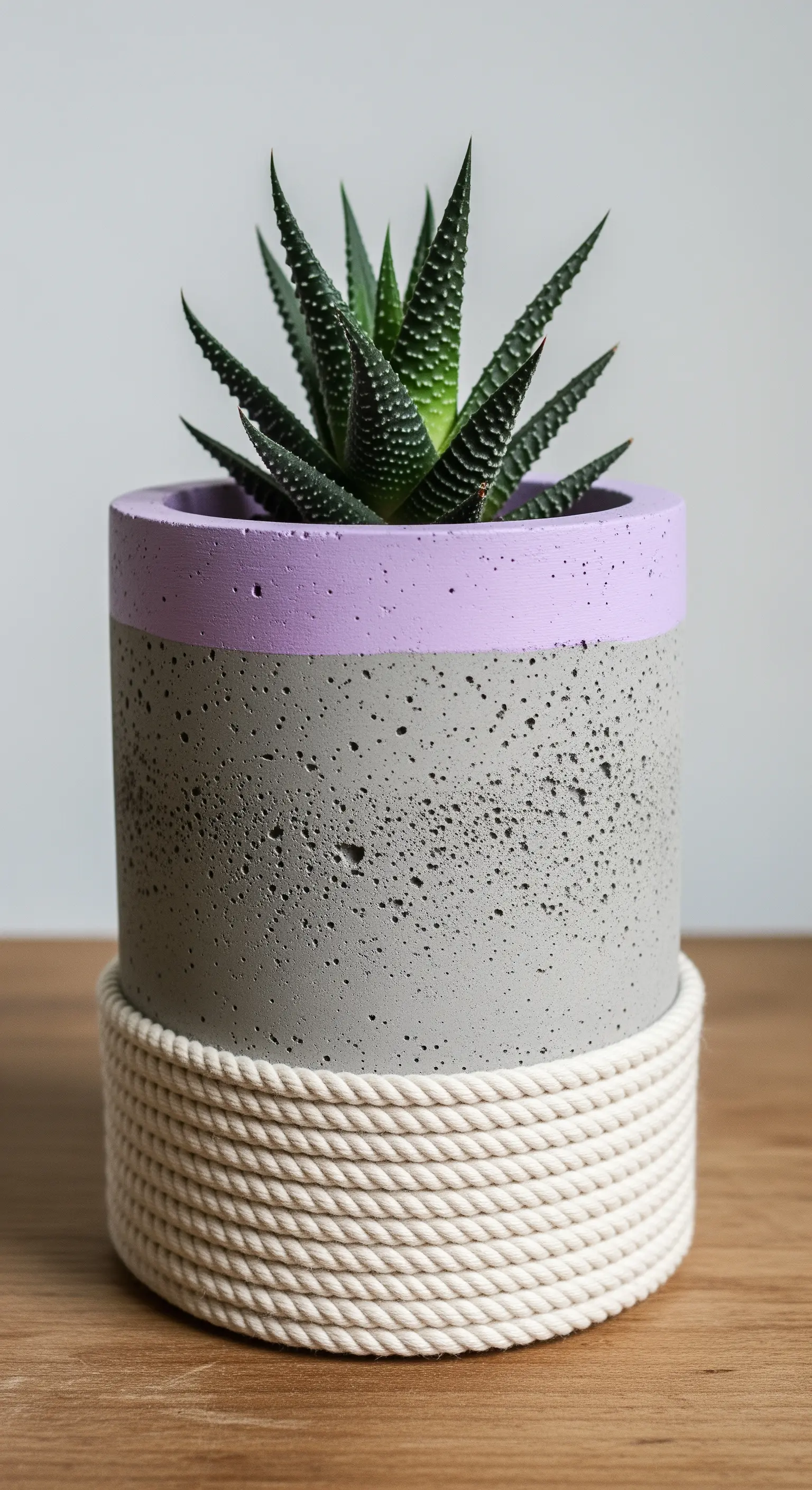 Vaso cilindrico in cemento con bordo lilla e una spessa base di corda bianca avvolta.