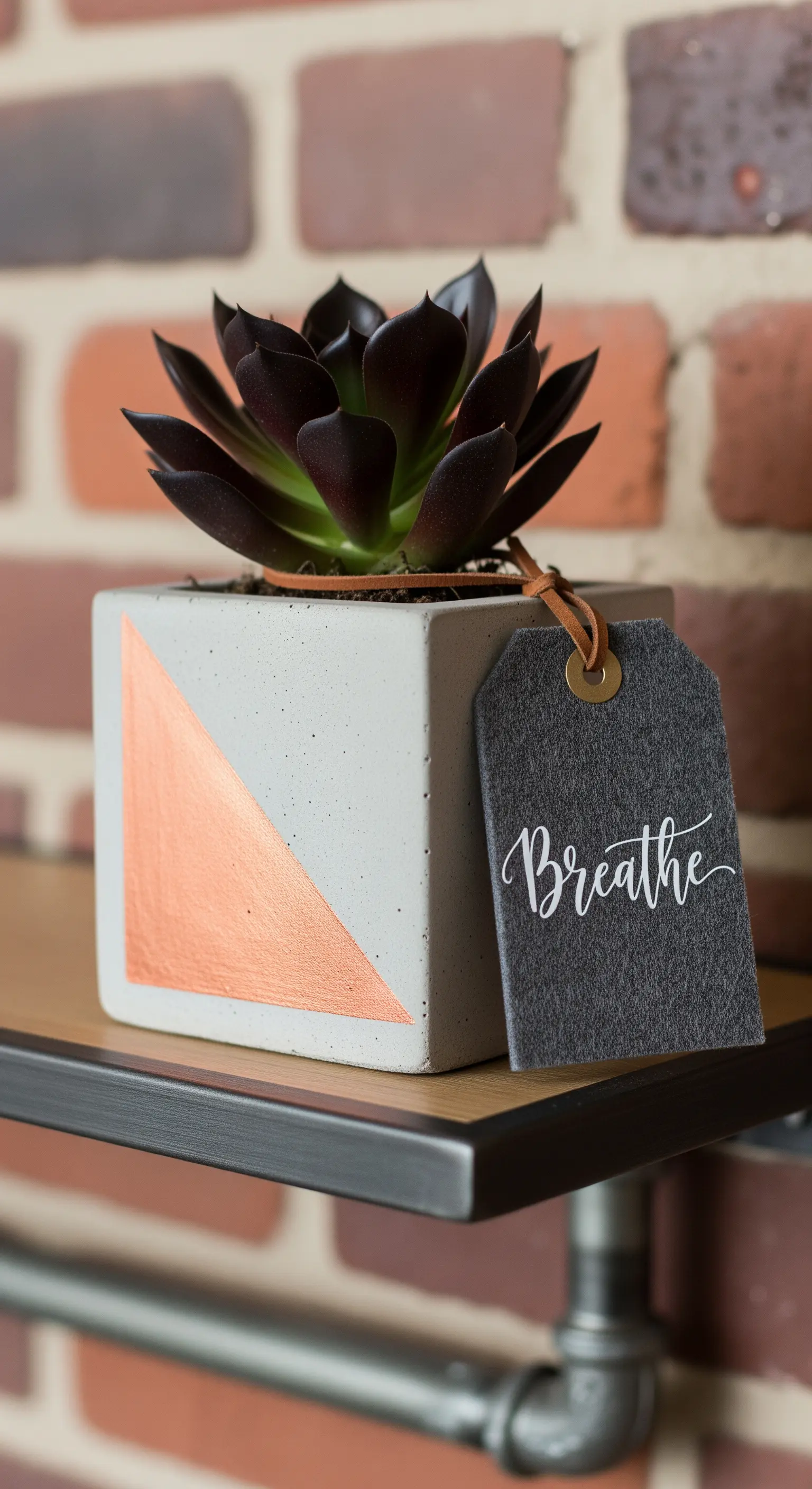 Vaso quadrato in cemento con un triangolo dipinto in rame e un'etichetta grigia con la scritta 