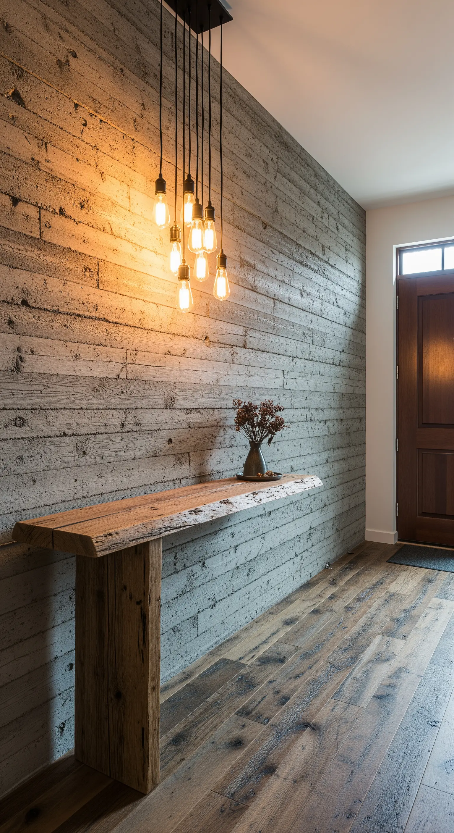 Parete d'ingresso in cemento con texture a listoni di legno e una consolle in legno grezzo.