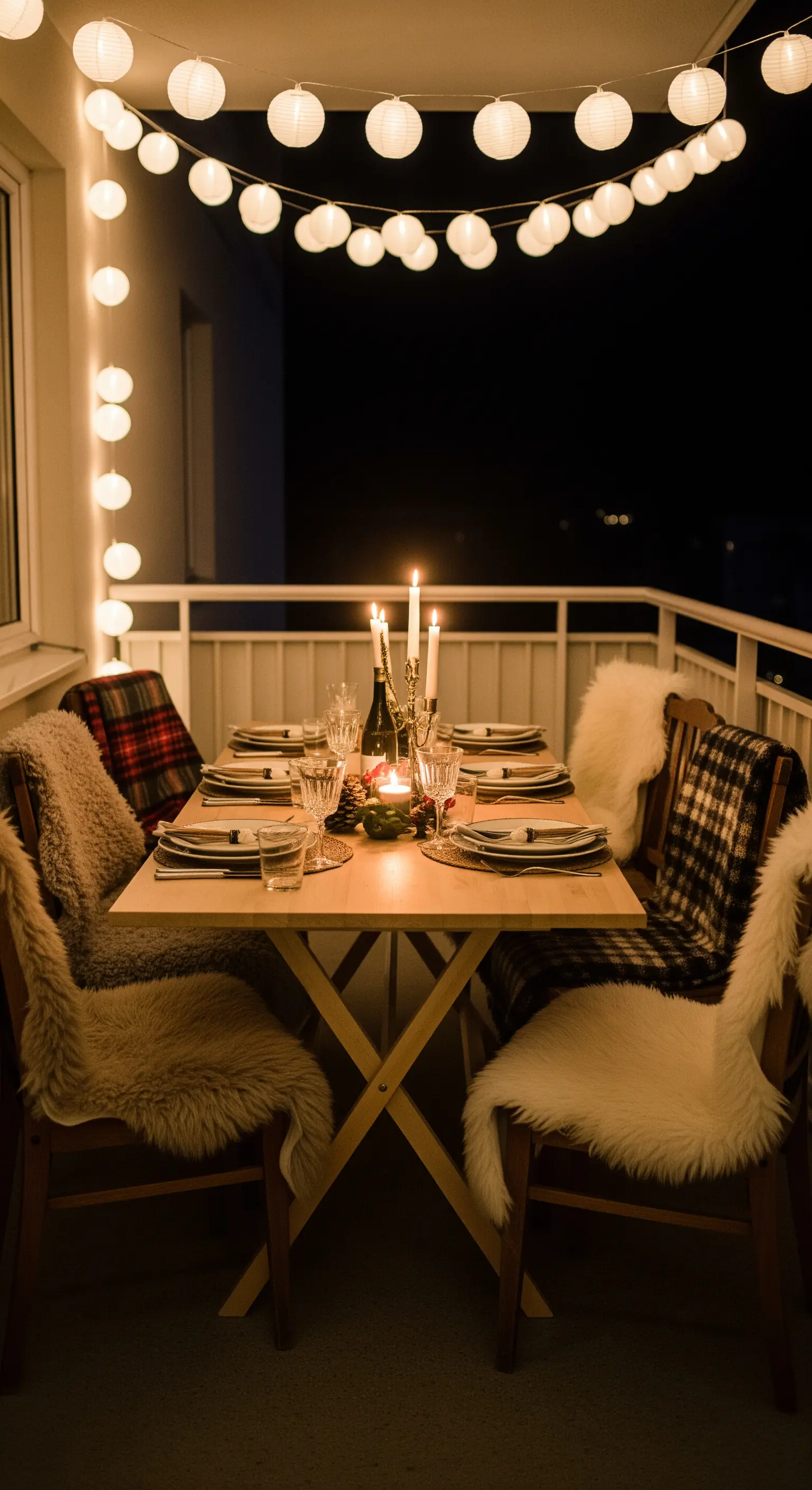 Tavola apparecchiata per una cena notturna sul balcone, con candele e pelli di pecora.