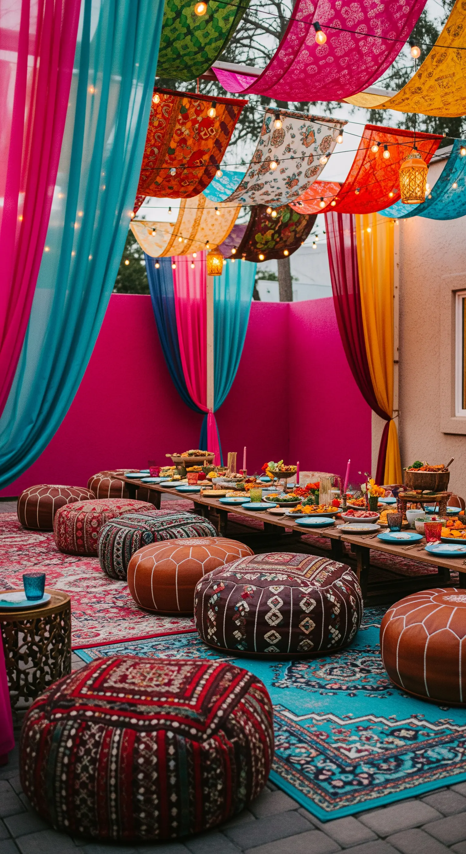 Tavolata bassa all'aperto con pouf, tappeti e teli colorati come copertura.