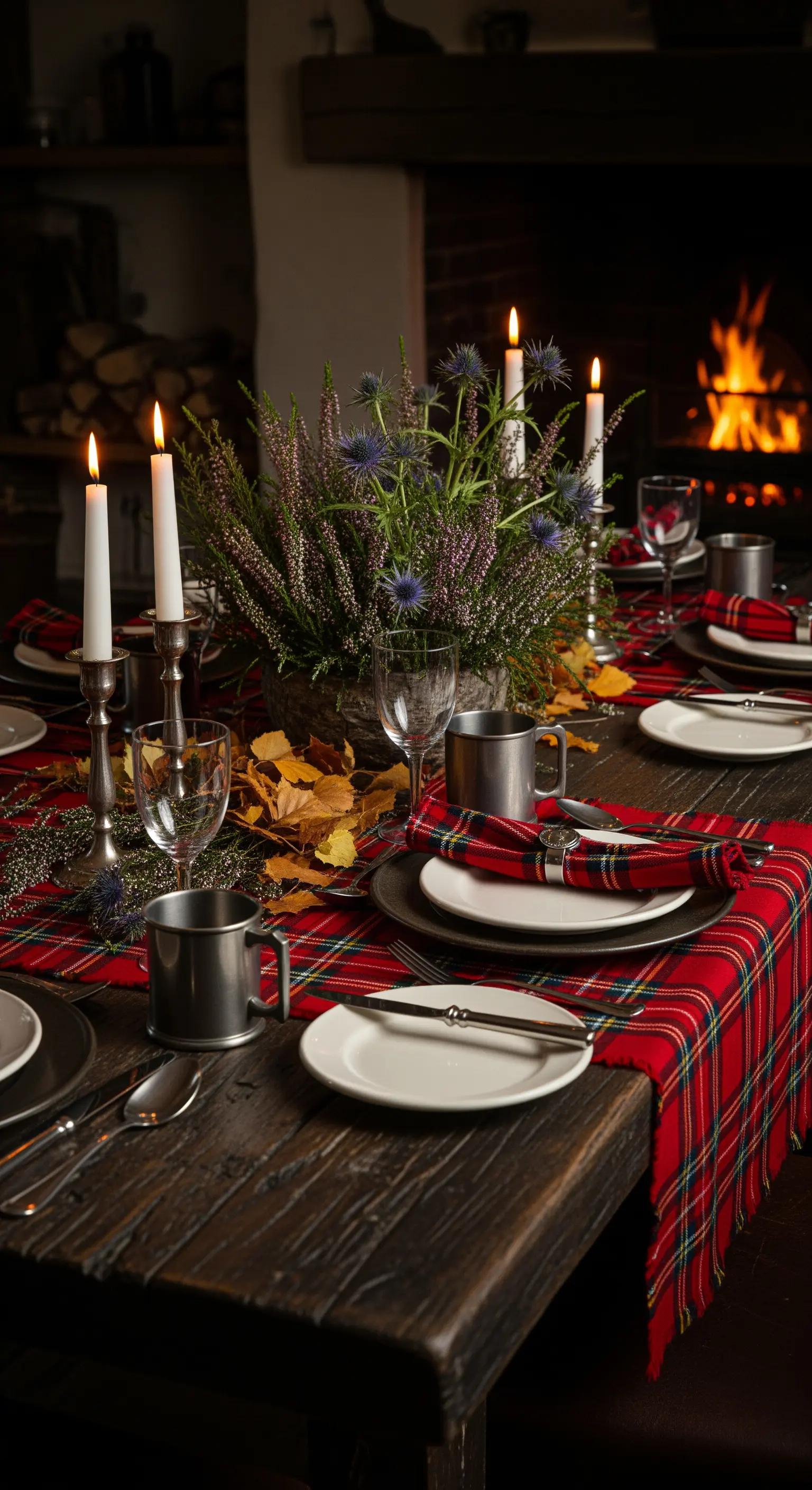 Tavola rustica davanti a un camino acceso, con runner tartan rosso e tazze in peltro.