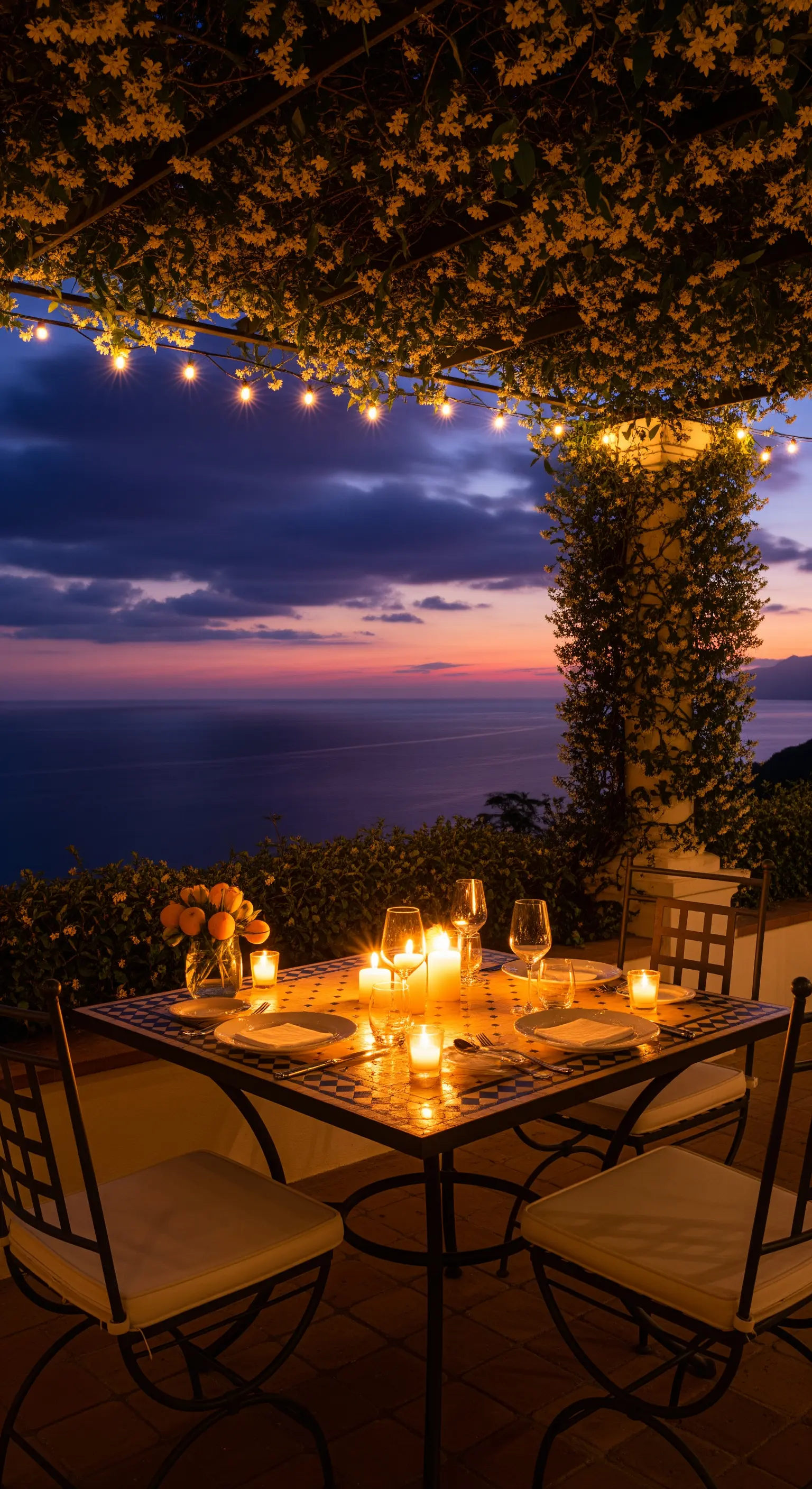 Tavolo da cena a mosaico illuminato da candele e lucine, con vista sul mare.
