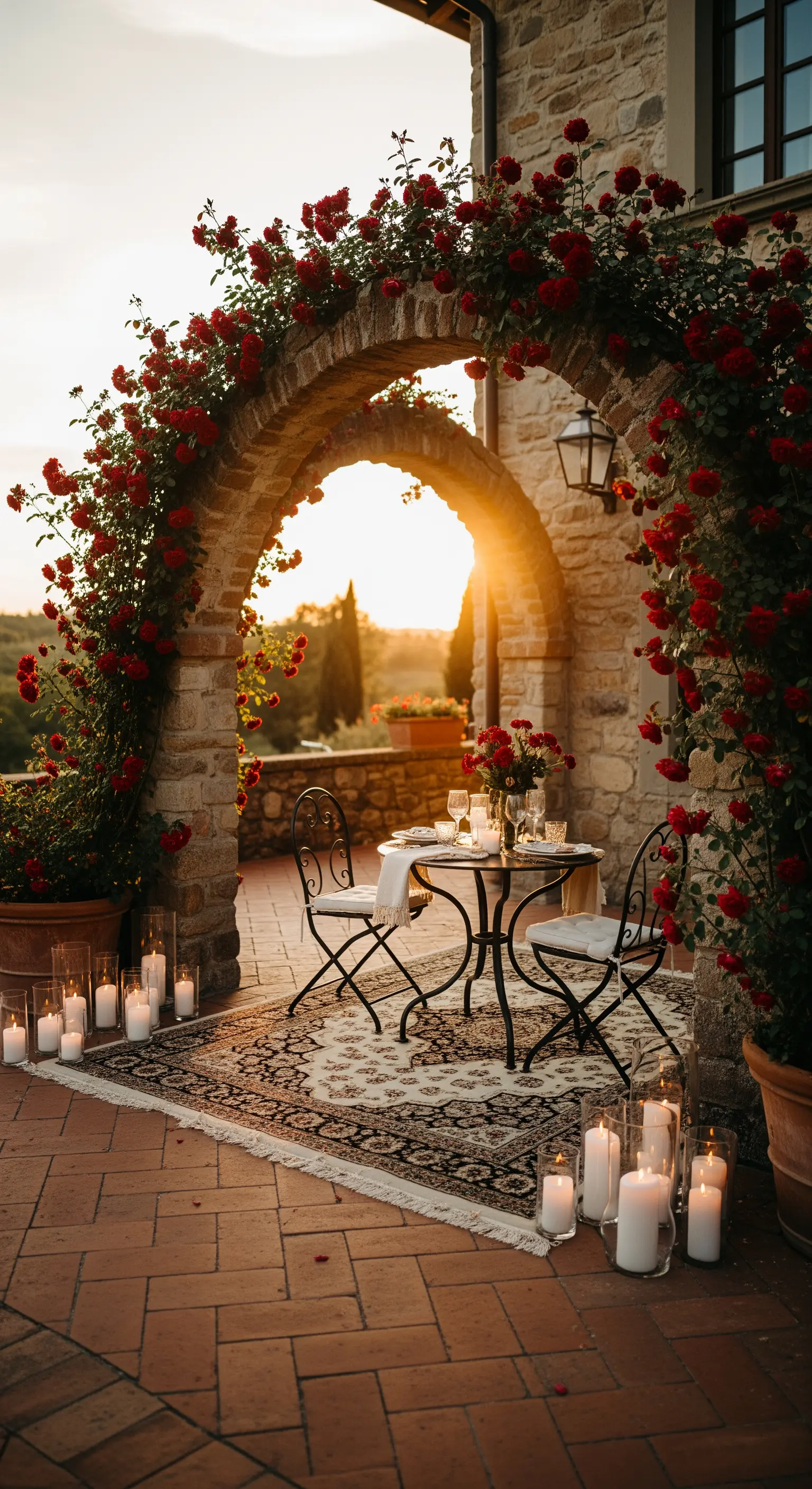 Patio in terracotta con arco di rose rosse, tavolo per due e candele al tramonto.