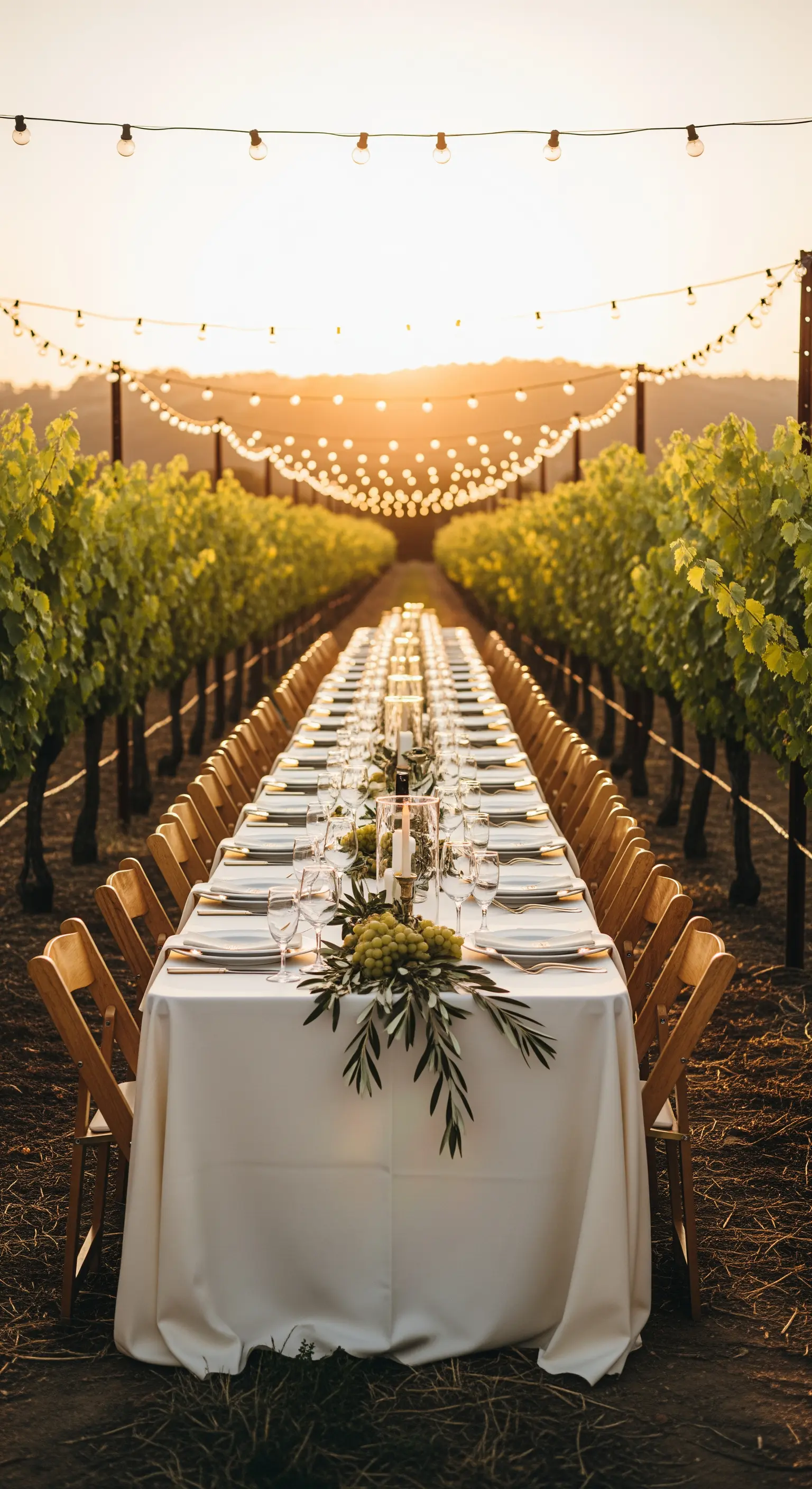Lunga tavolata in un vigneto al tramonto, illuminata da una catenaria di luci.