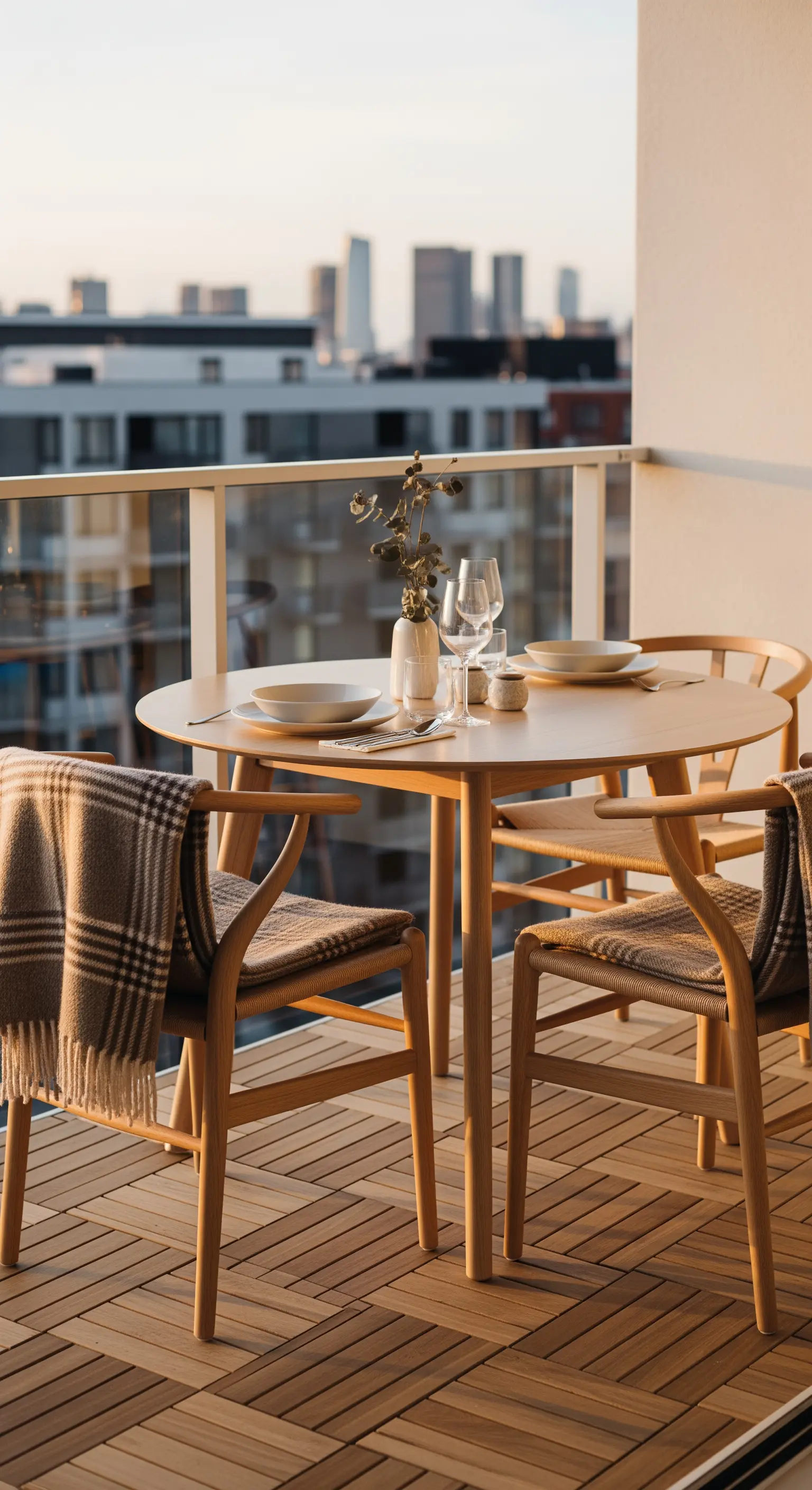 Tavolo da pranzo rotondo in legno chiaro su un balcone con vista sulla città al tramonto.