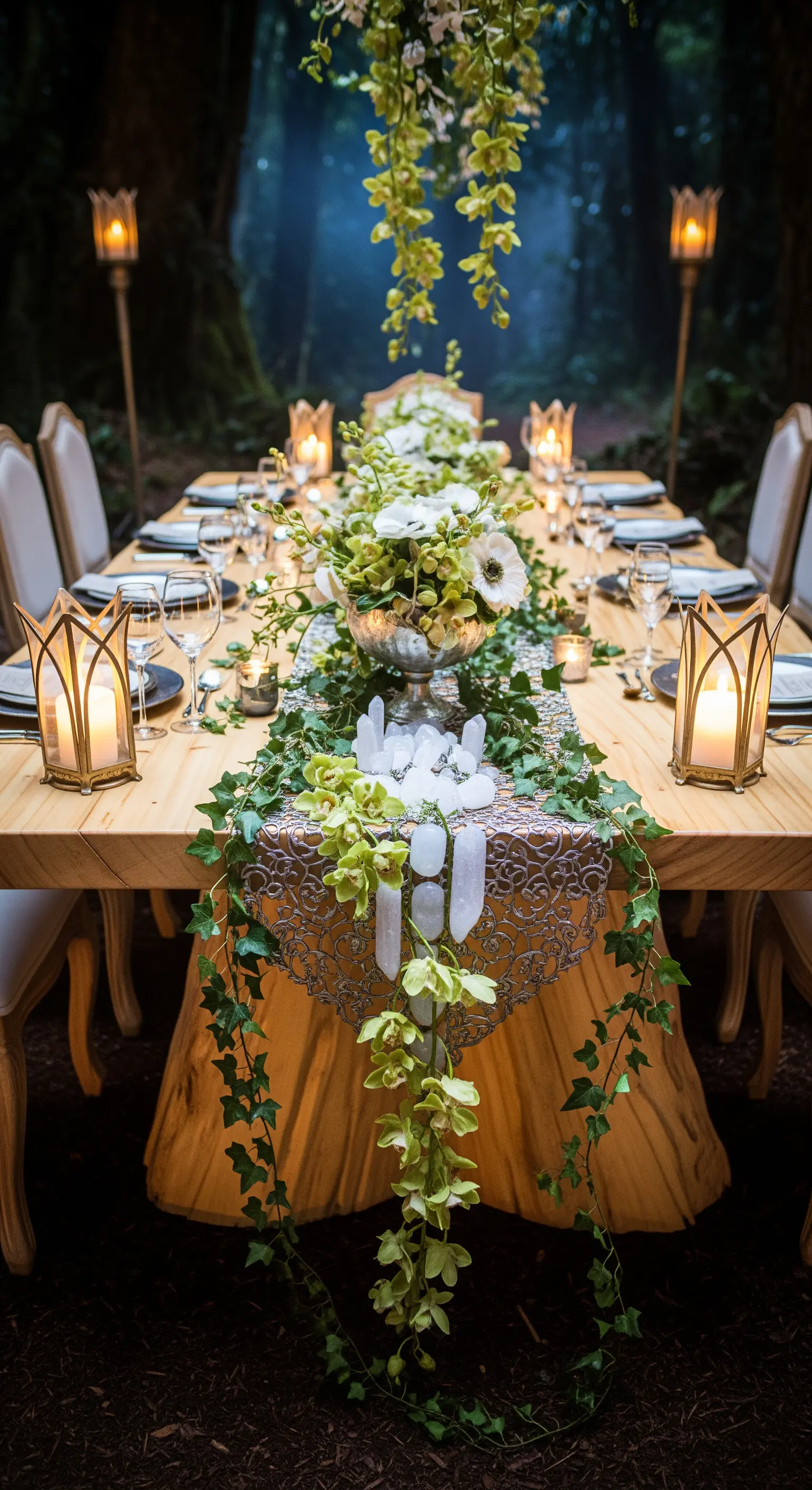 Tavolo in un bosco con lanterne, runner d'argento, edera, cristalli e orchidee verdi.