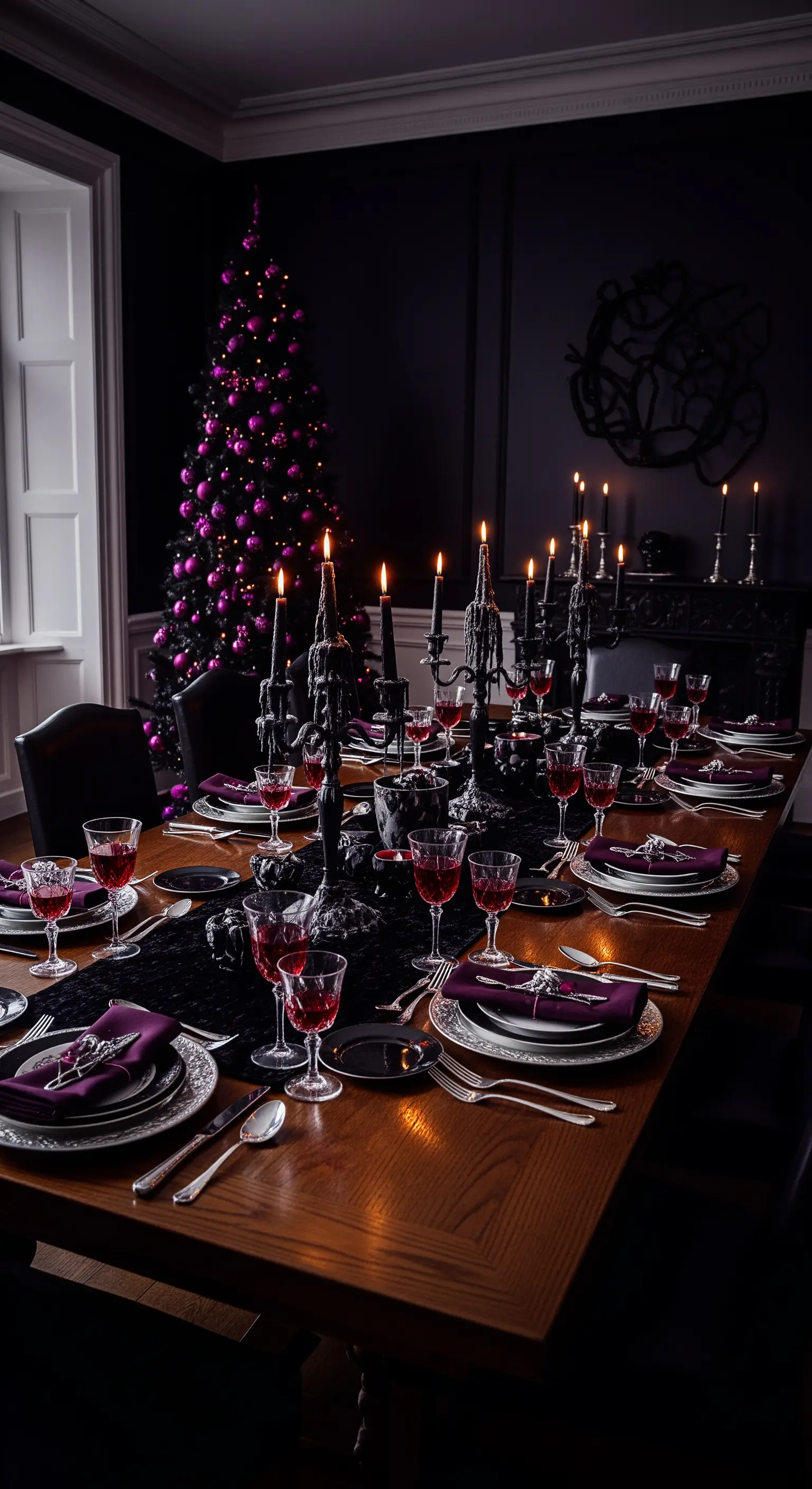 Tavola da pranzo gotica con candelabri neri, tovaglioli viola e un albero scuro.