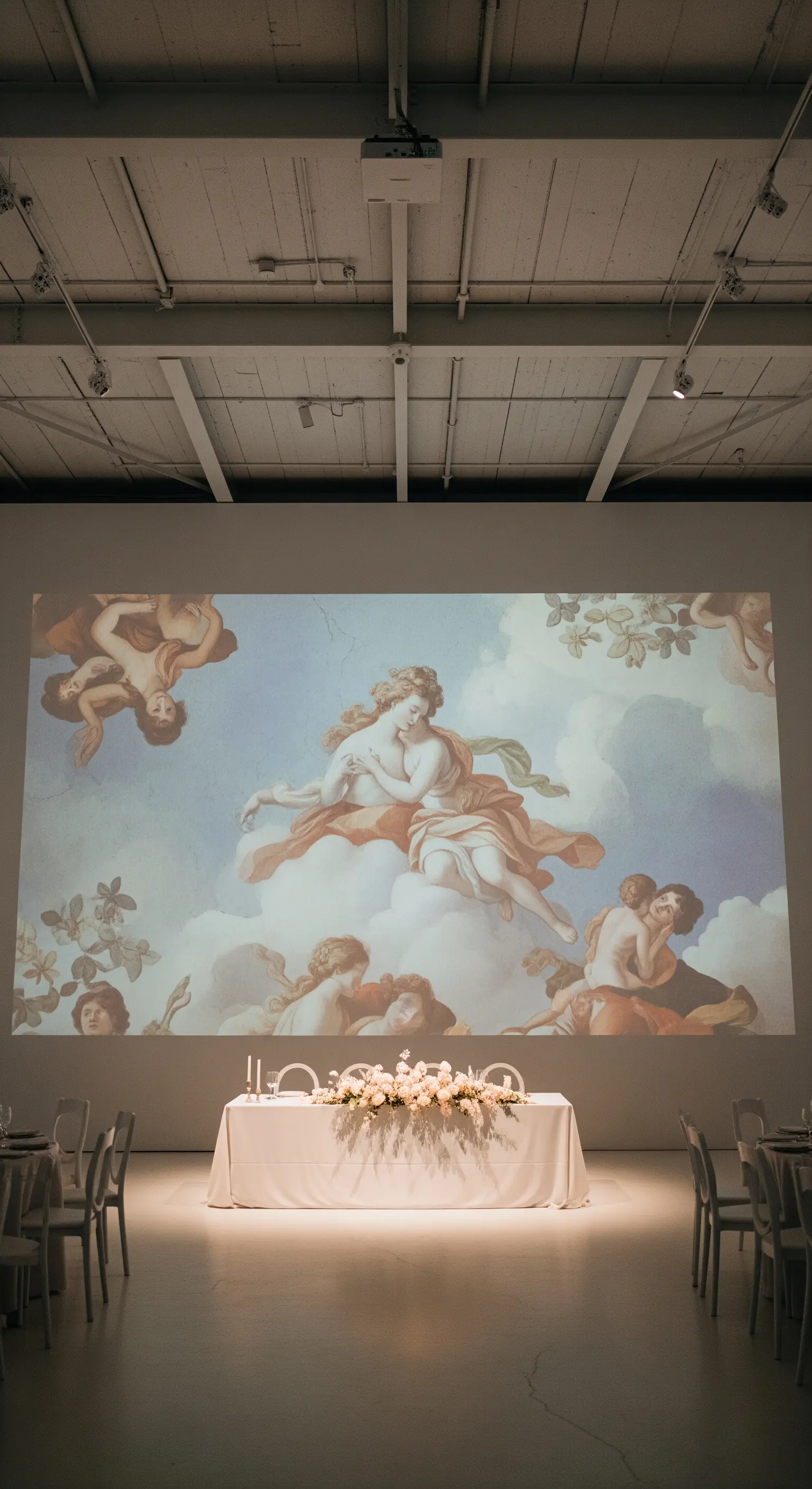 Tavolo degli sposi posizionato davanti a una grande proiezione di un dipinto classico rococò.