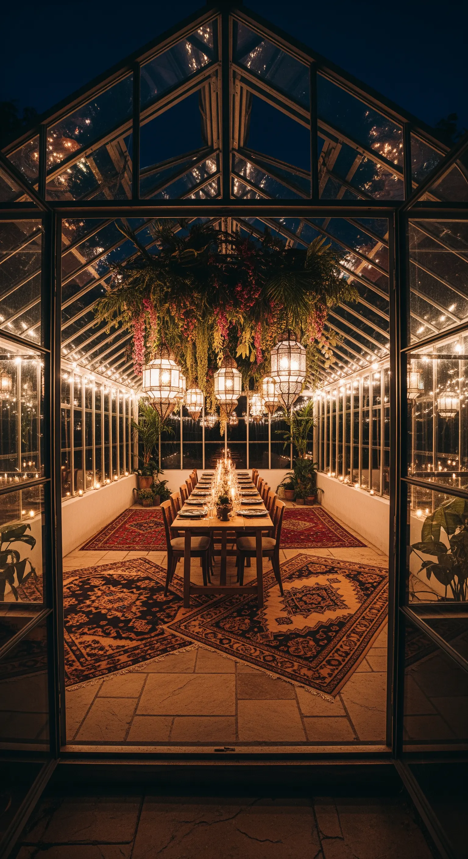 Serra di vetro di notte allestita per una cena, illuminata da candele e lucine.