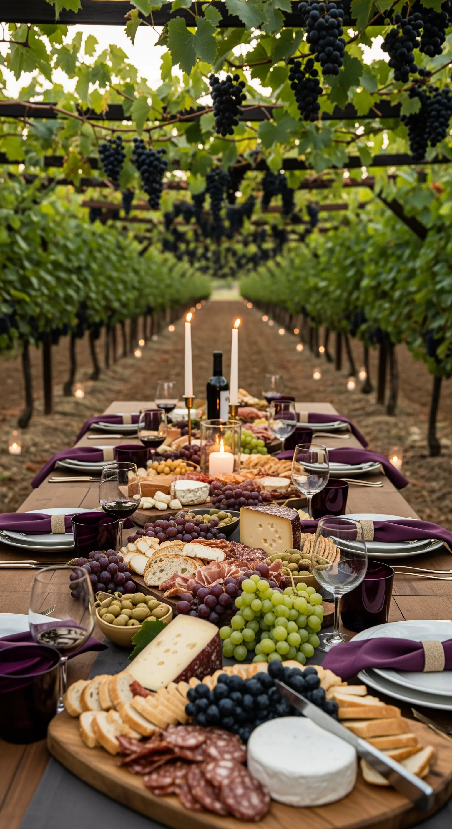 Tavola imbandita in una vigna con un grande tagliere di salumi e formaggi.
