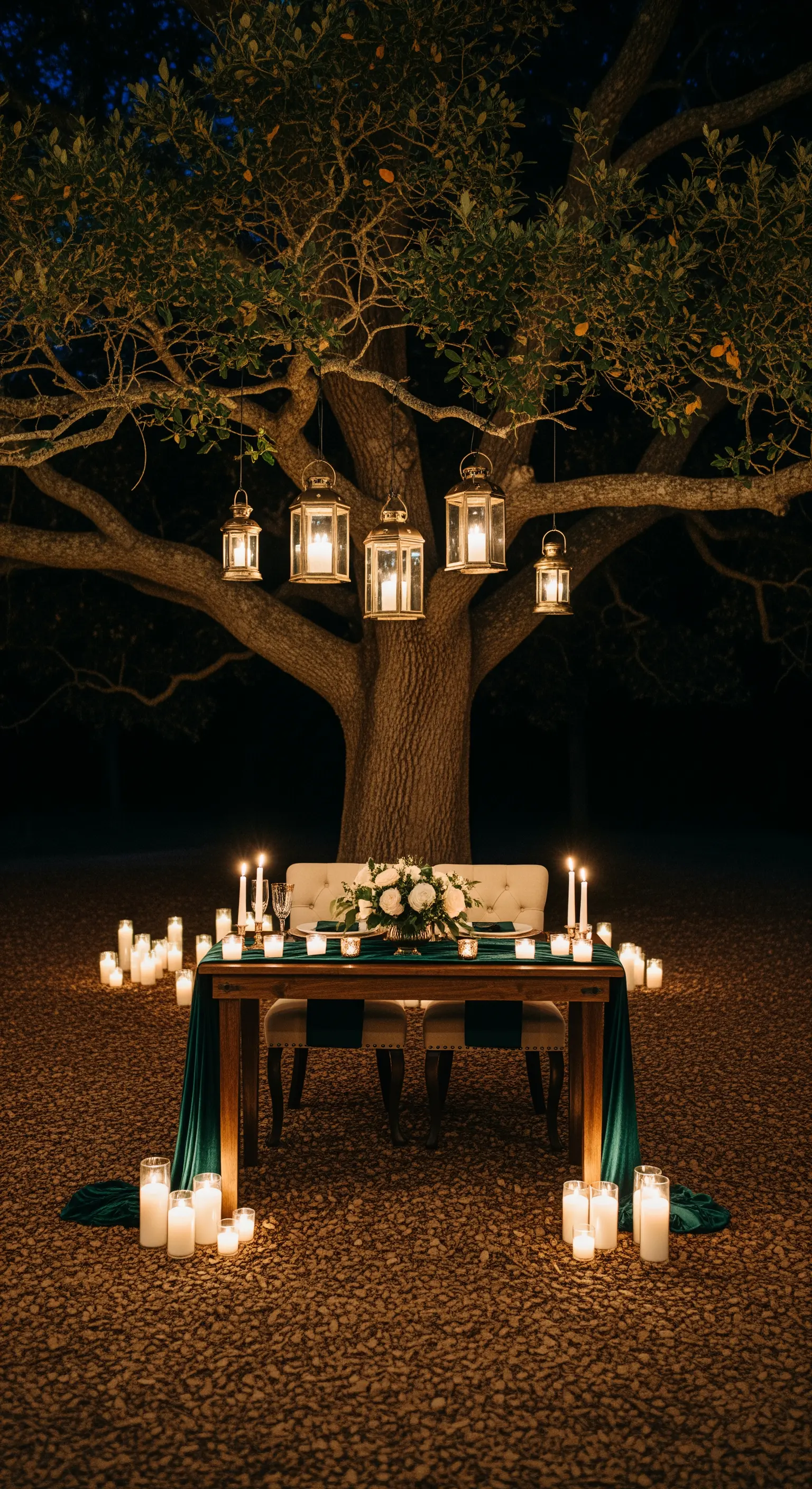 Tavolo per due all'aperto di notte, illuminato da lanterne appese a un albero e candele.