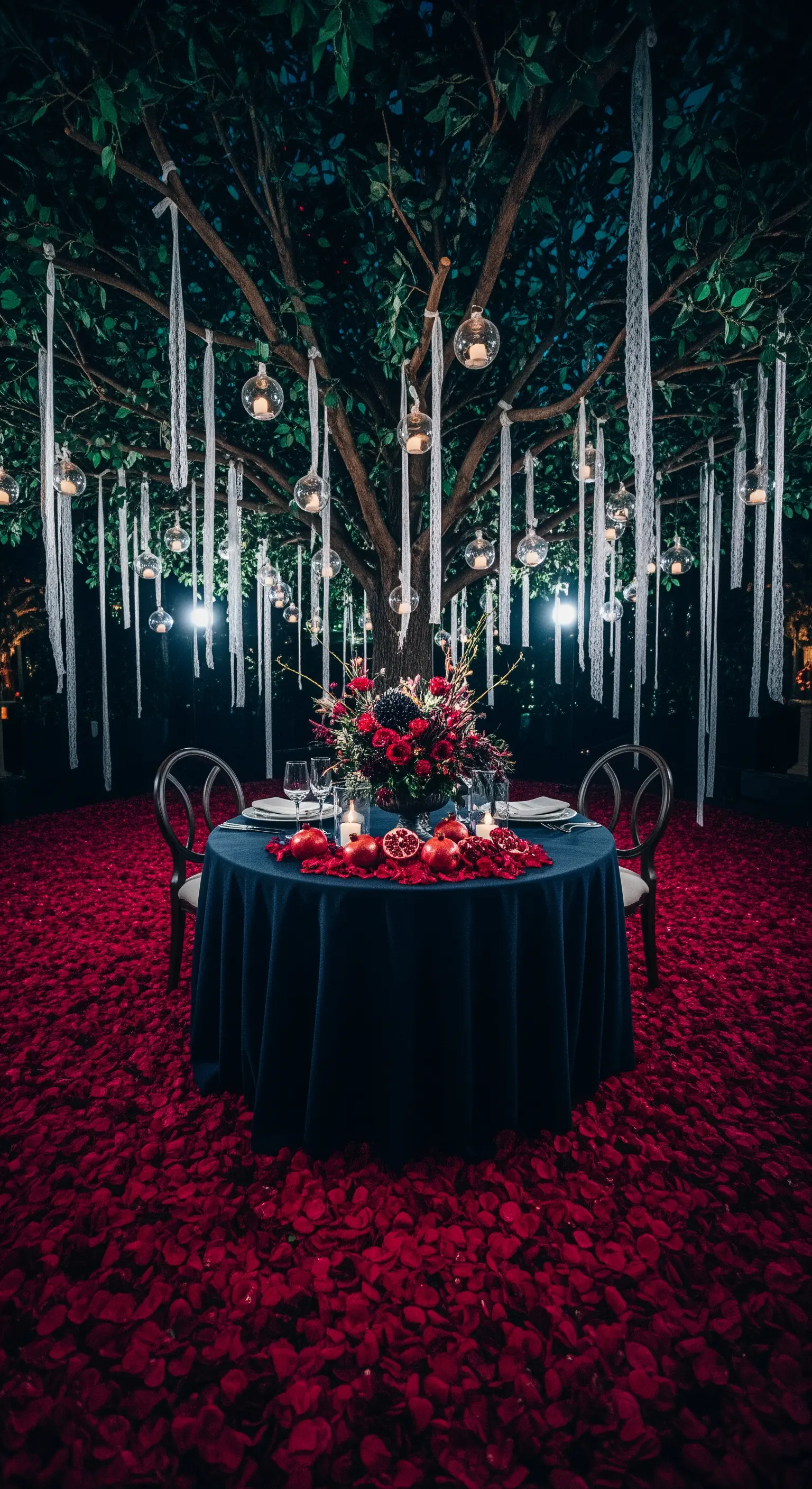 Tavolo per due sotto un albero di notte, con un tappeto di petali rossi e candele appese.