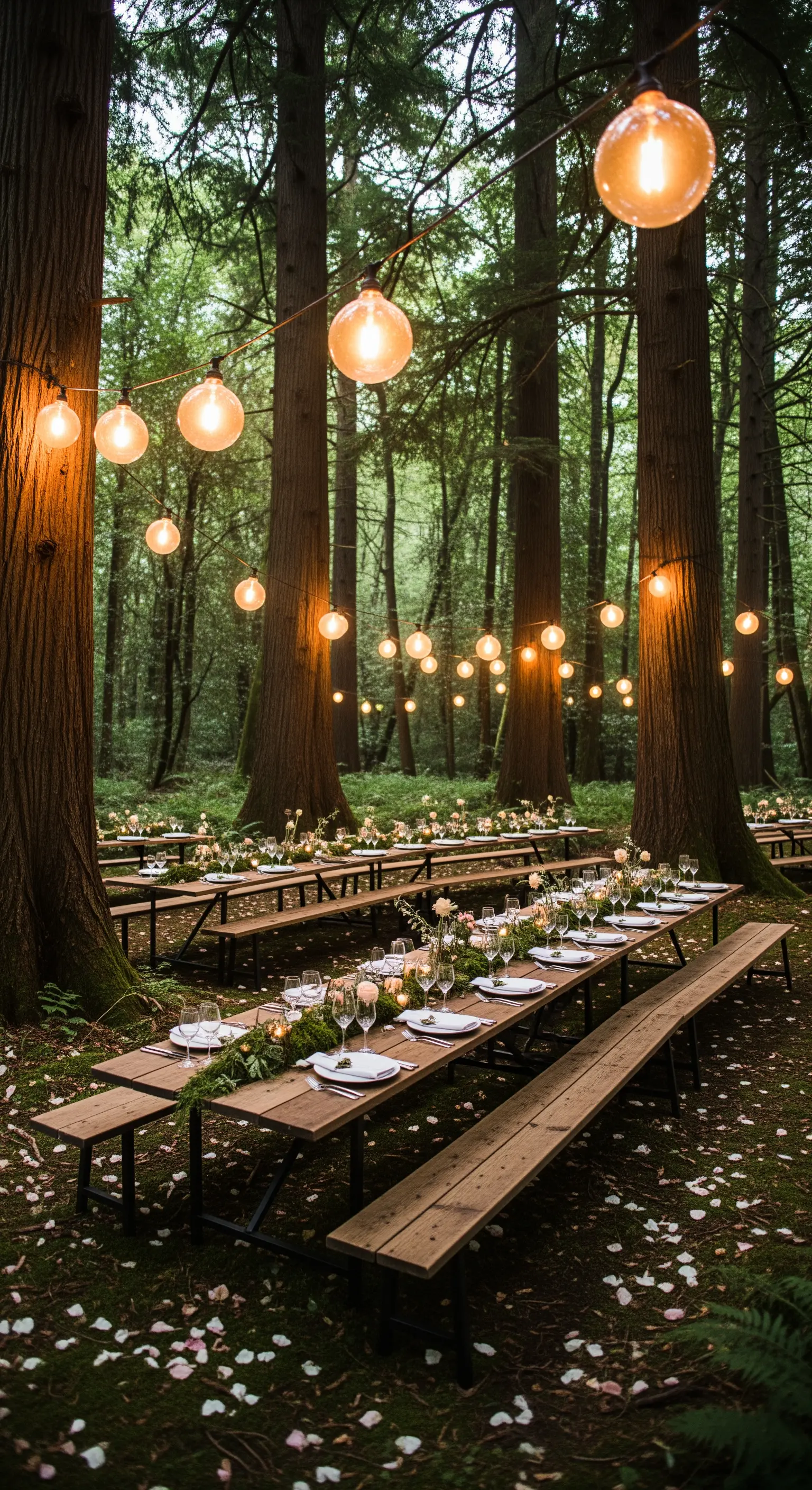 Tavoli lunghi con panche in un bosco illuminato da grandi lampadine a globo sospese.