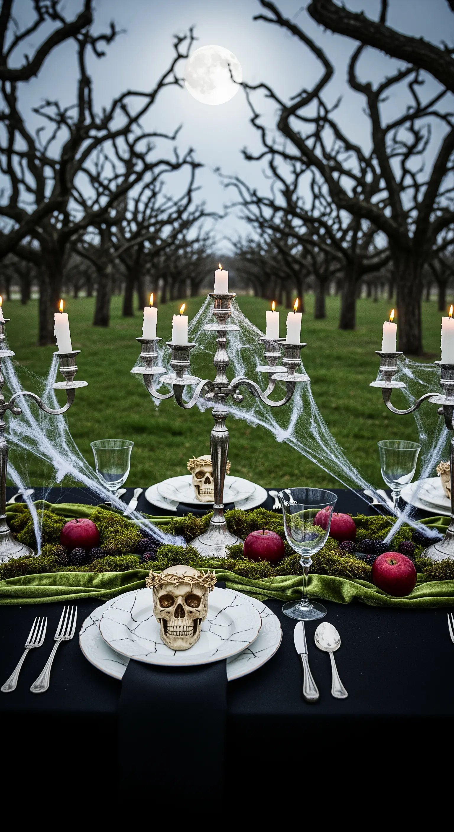 Tavola di Halloween all'aperto con ragnatele, muschio e mele rosse.