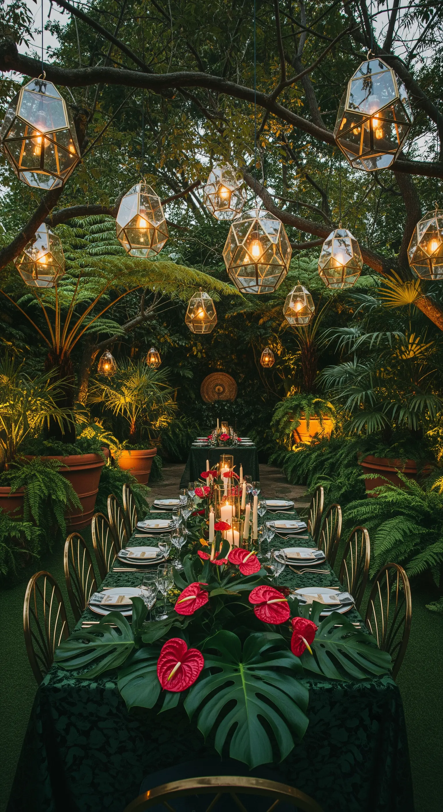 Tavolata elegante in un giardino lussureggiante con lanterne geometriche sospese tra gli alberi.
